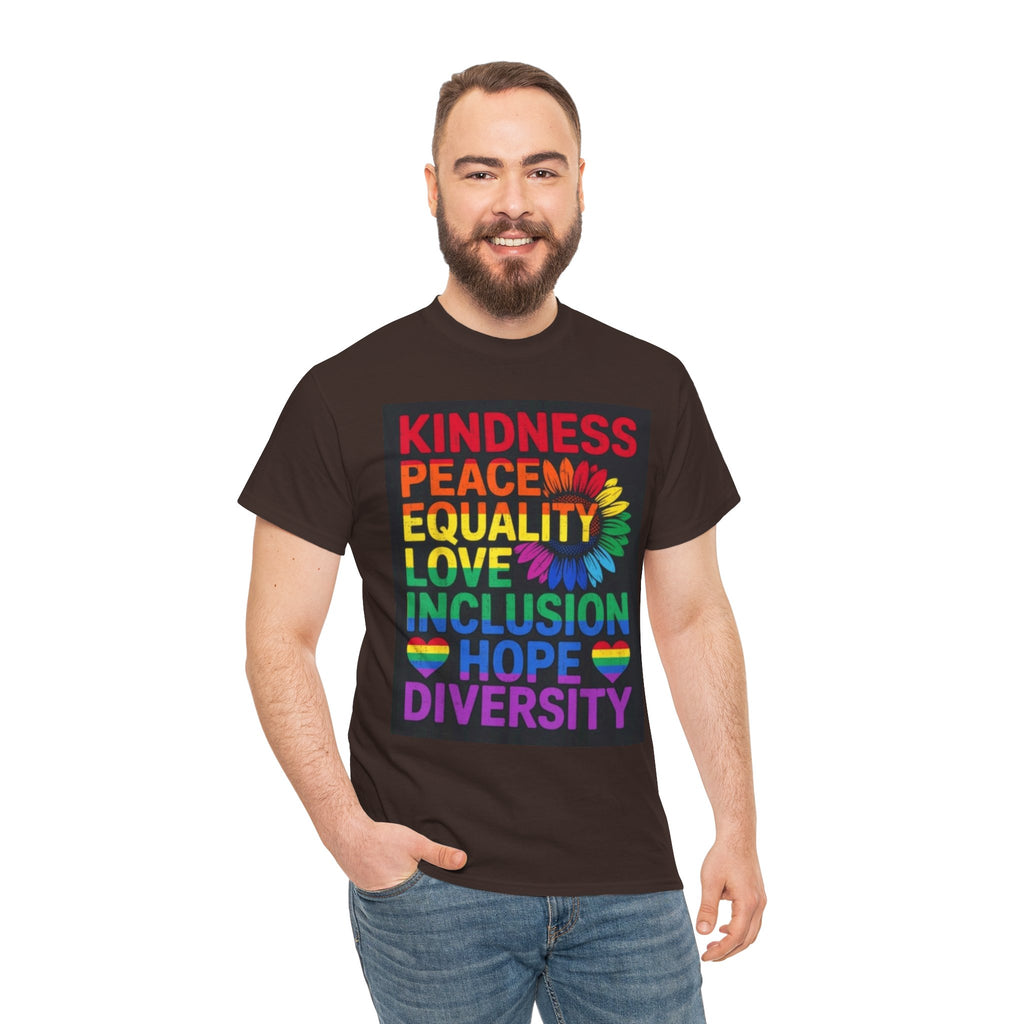 Kindness Peace Equality Rainbow T-Shirt — Pride Inclusion & Diversity Tee