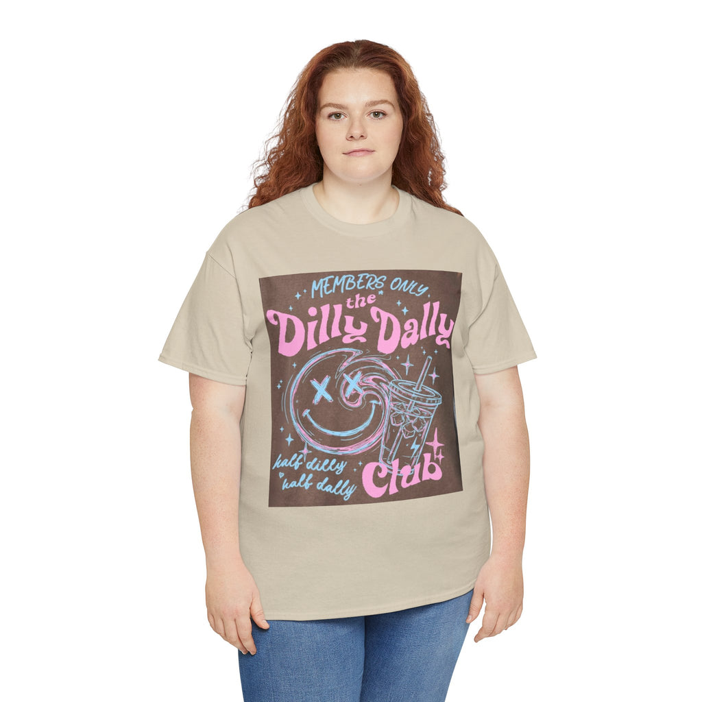 Dilly Dally Club Graphic Tee — Retro Pastel Drink & Moon Design