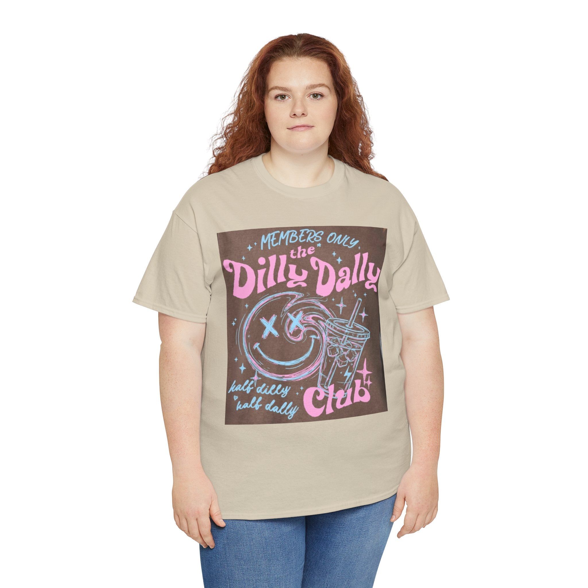 Dilly Dally Club Graphic Tee — Retro Pastel Drink & Moon Design