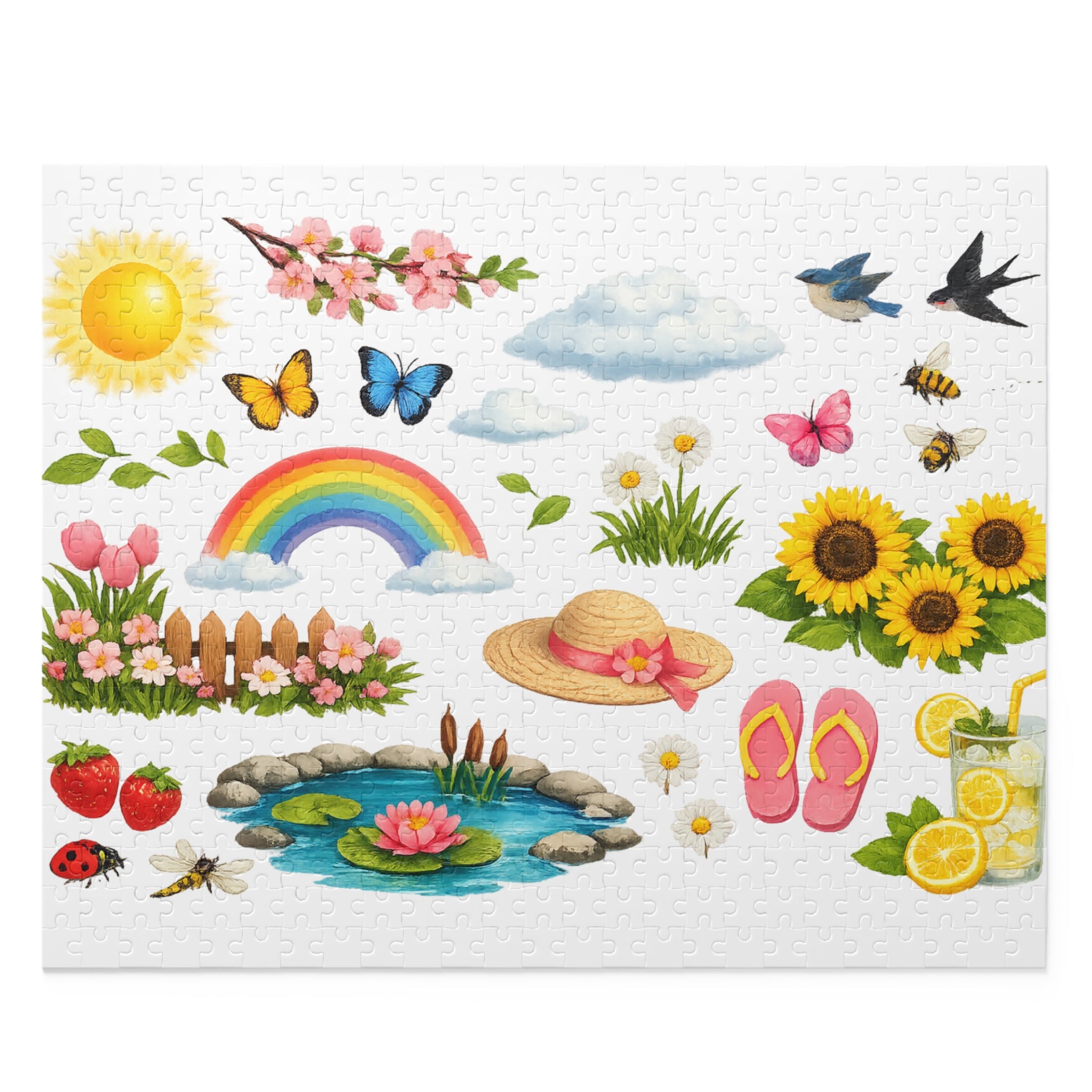 Springtime Sticker Puzzle — 120/252/500-Piece Jigsaw with Rainbow, Sunflowers & Garden Icons