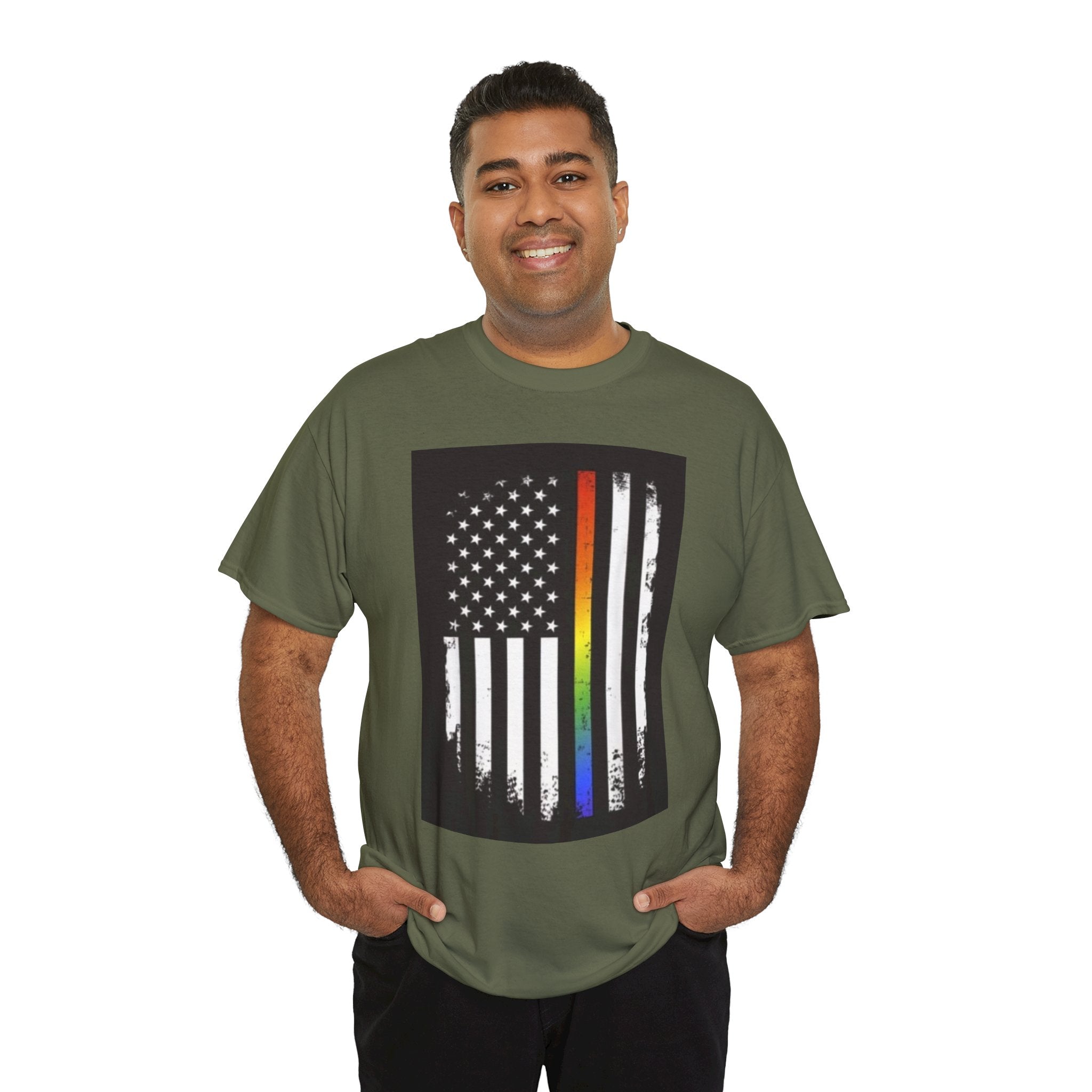 LGBTQ+ Pride Flag T‑Shirt — Distressed American Flag with Rainbow Stripe