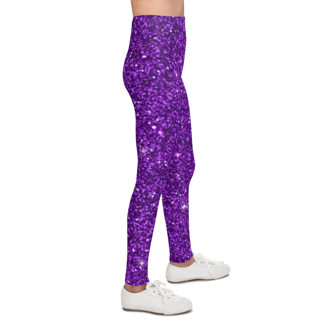 Purple Glitter Youth Leggings – Sparkle All-Over Print for Girls