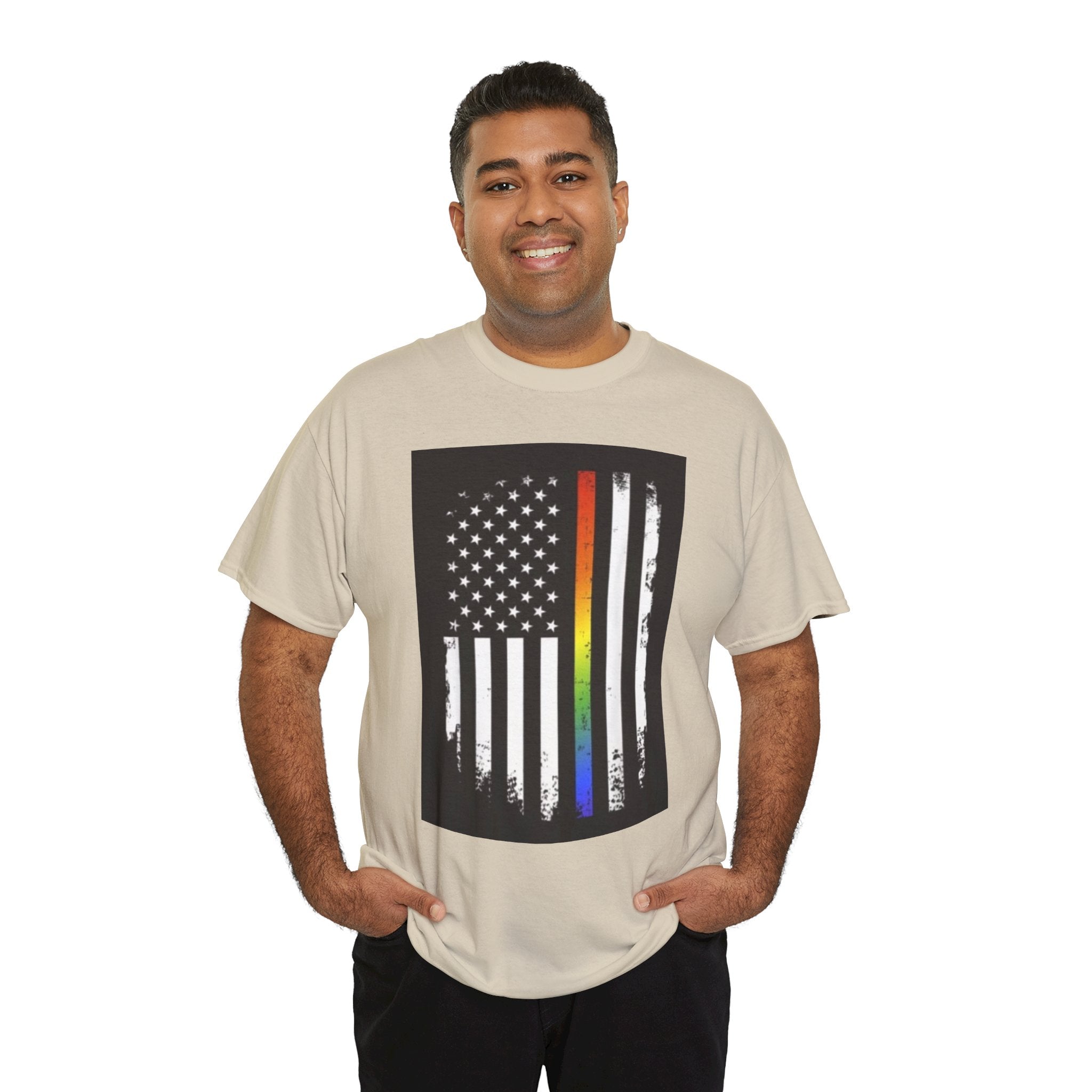 LGBTQ+ Pride Flag T‑Shirt — Distressed American Flag with Rainbow Stripe