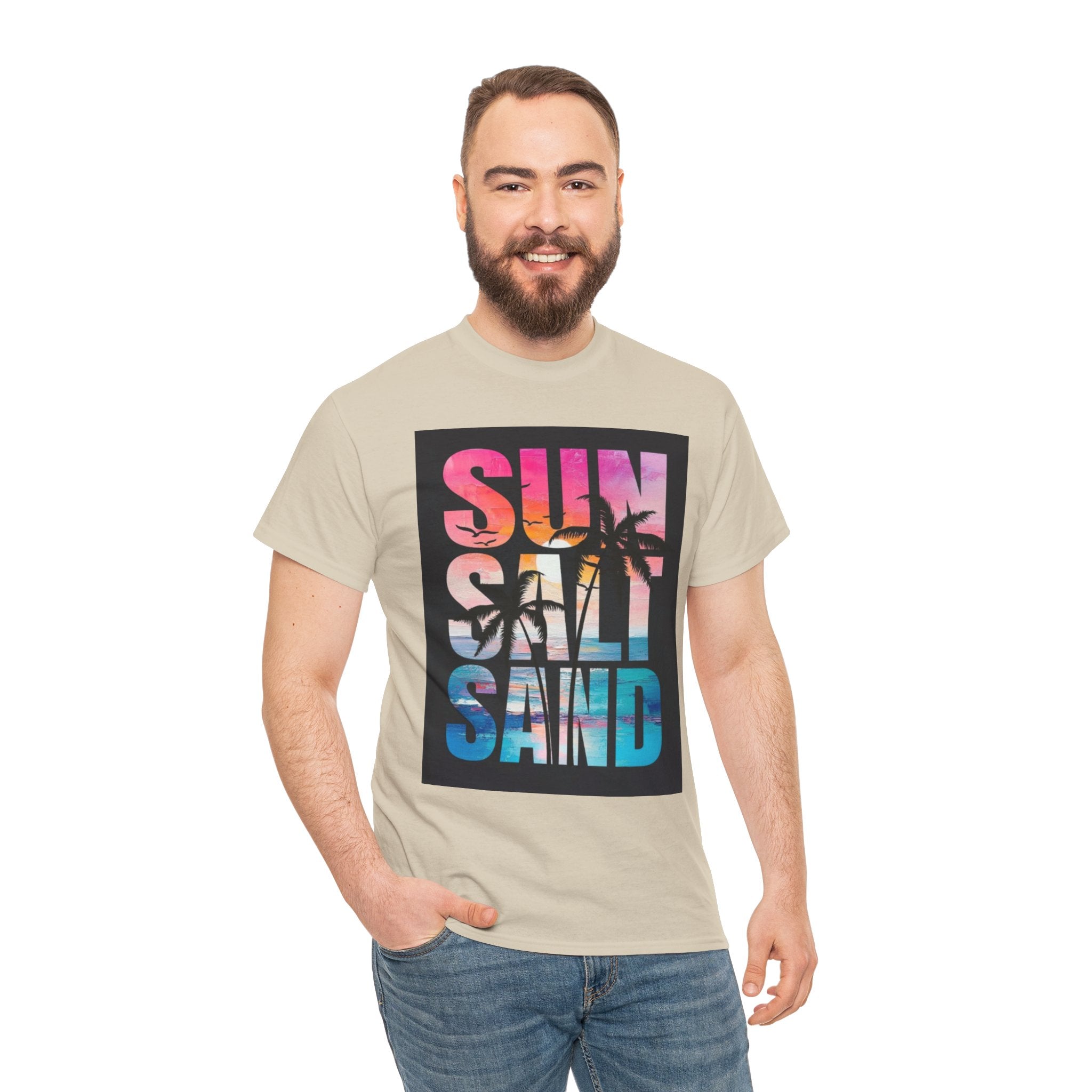 Sun Salt Sand Beach T-Shirt — Tropical Palm Sunset Graphic Tee
