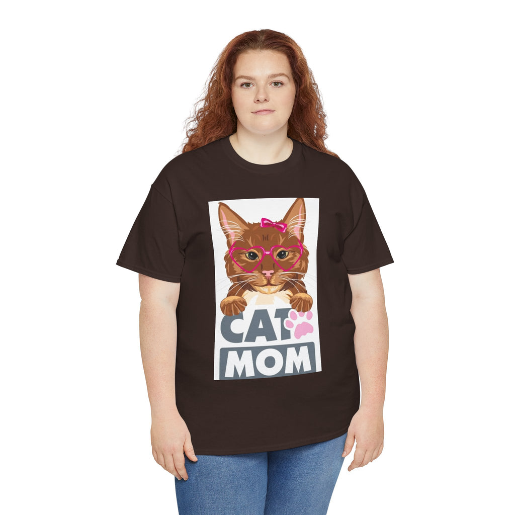Cat Mom T-Shirt — Cute Cat Face Graphic Tee with "CAT MOM" Paw Print