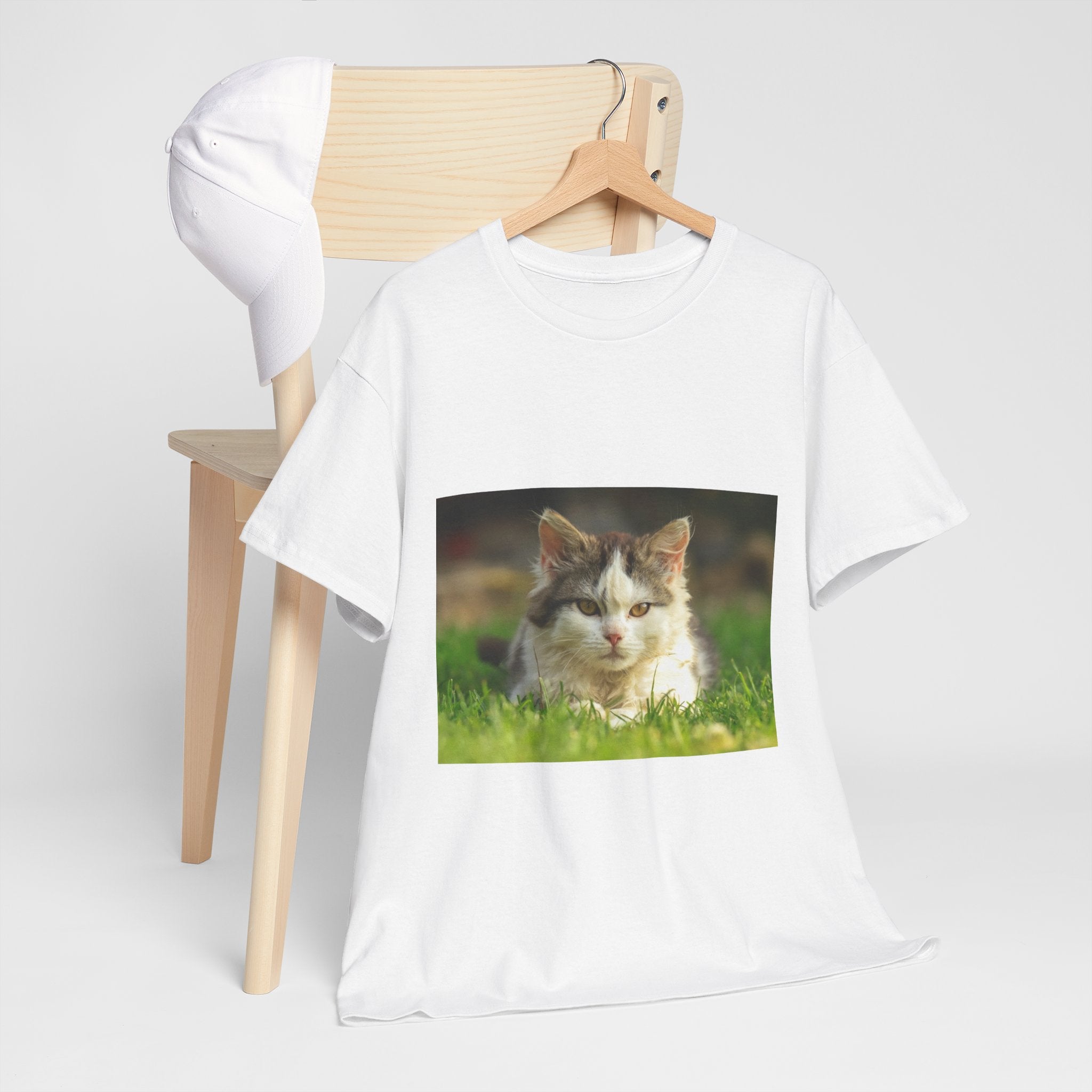 Cat Photo Tee — Relaxed Cat Lying in Grass T-Shirt