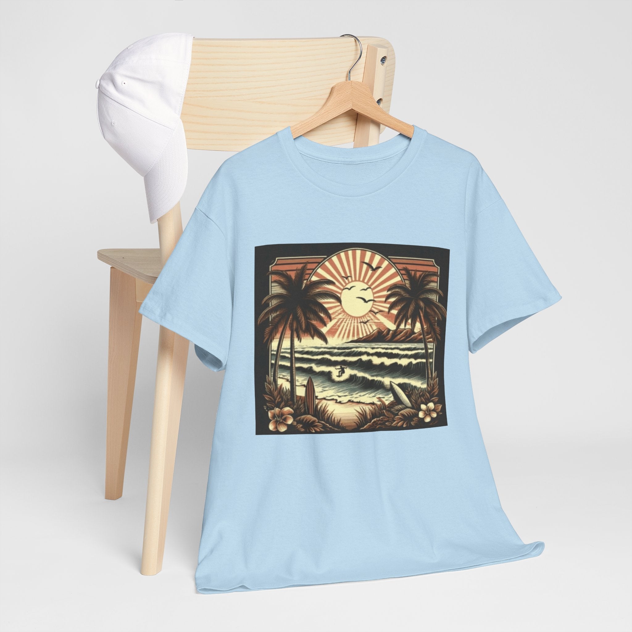 Retro Tropical Beach T-Shirt — Vintage Palm Sunset Graphic Tee