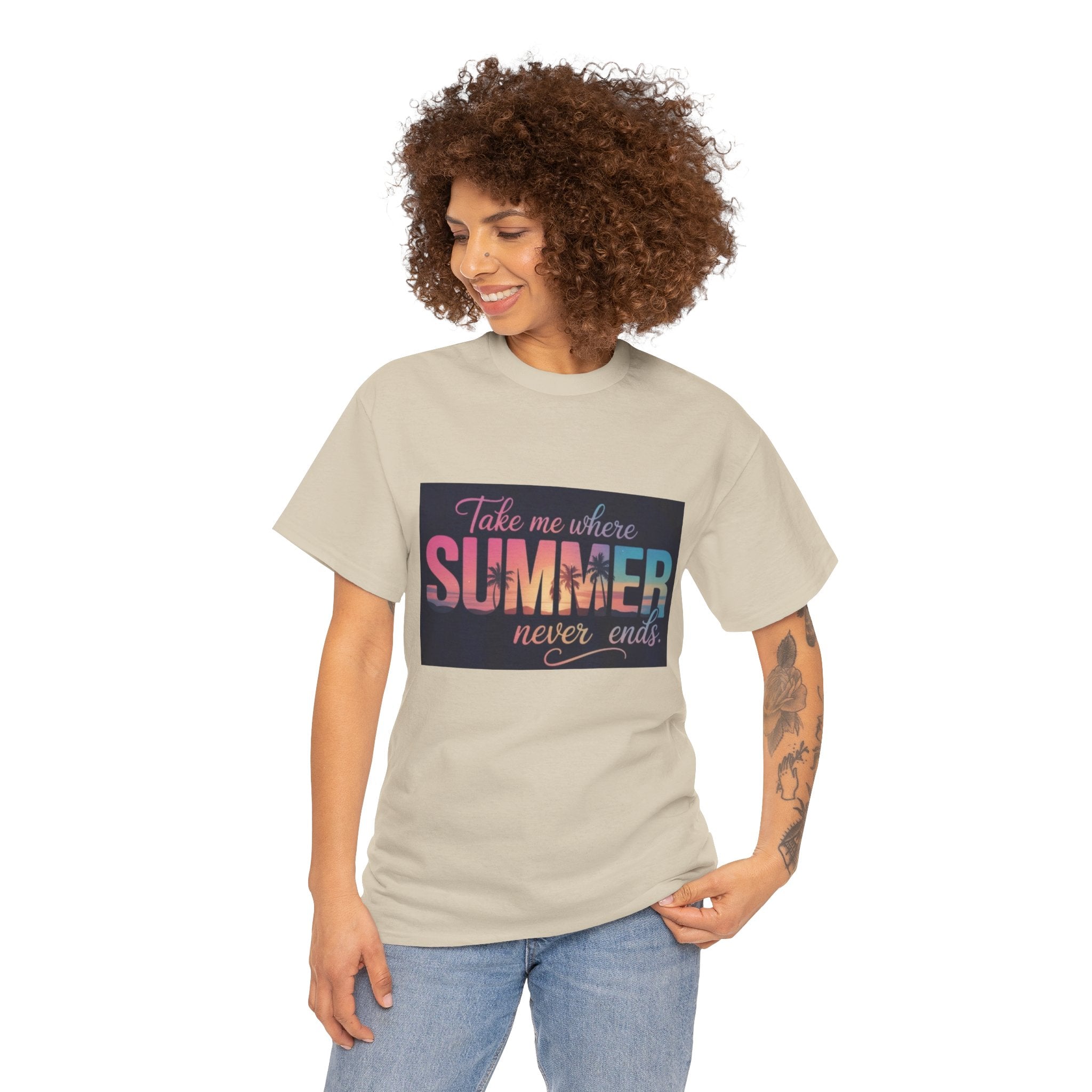 T-Shirt — "Take Me Where Summer Never Ends" Retro Beach Vibes