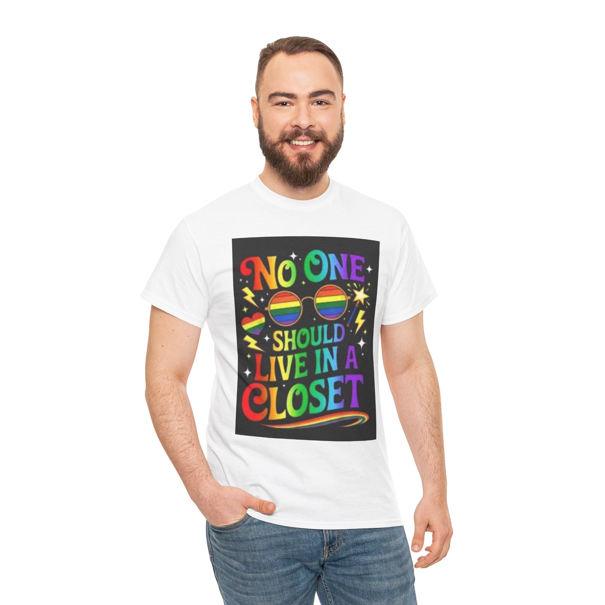 T‑Shirt — "No One Should Live in a Closet" Rainbow Pride Tee