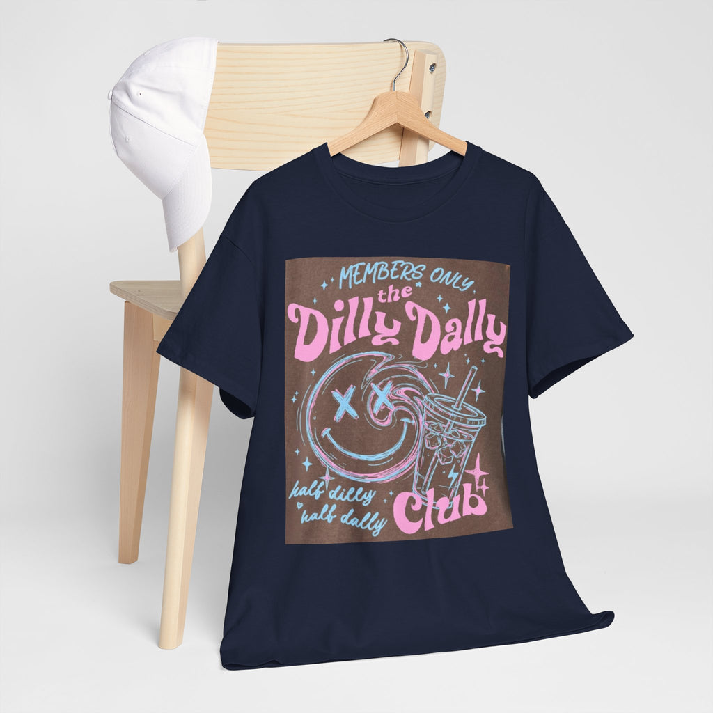 Dilly Dally Club Graphic Tee — Retro Pastel Drink & Moon Design