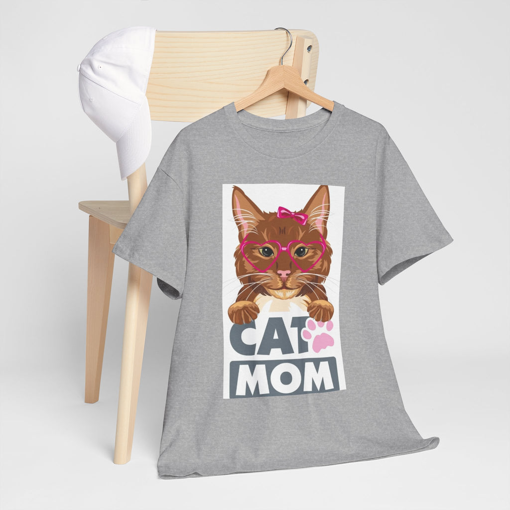 Cat Mom T-Shirt — Cute Cat Face Graphic Tee with "CAT MOM" Paw Print