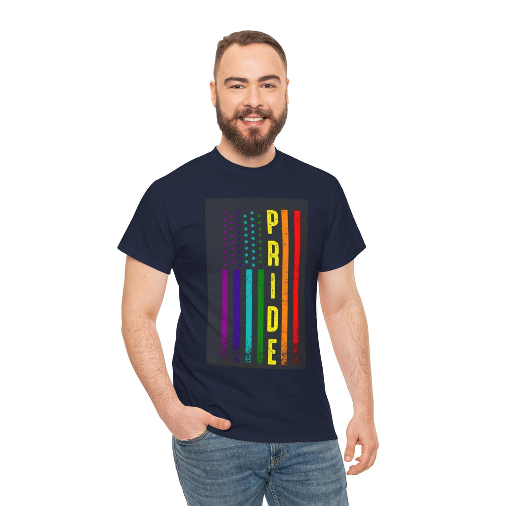 Pride Rainbow Flag Tee — Vertical "PRIDE" Graphic T-Shirt