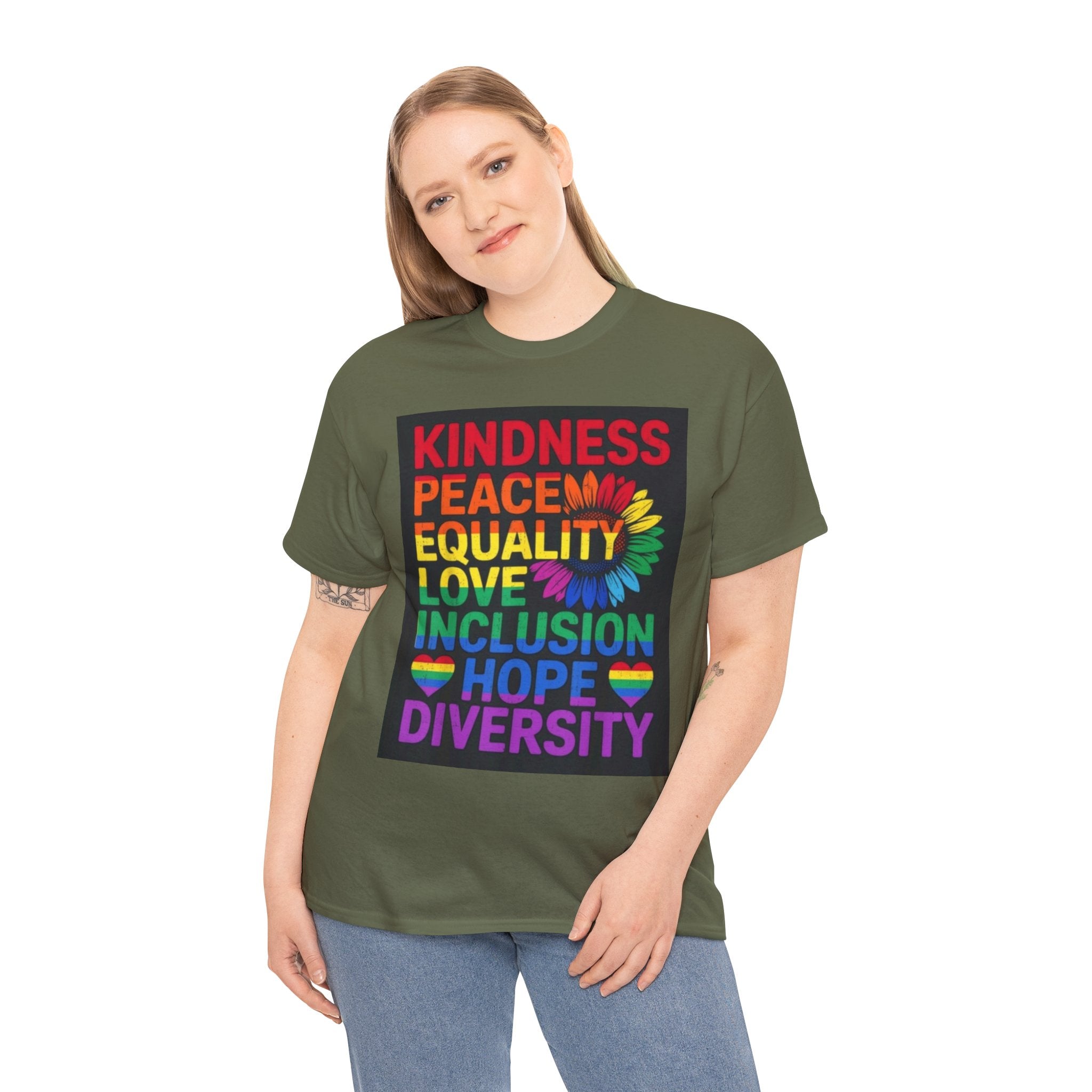 Kindness Peace Equality Rainbow T-Shirt — Pride Inclusion & Diversity Tee