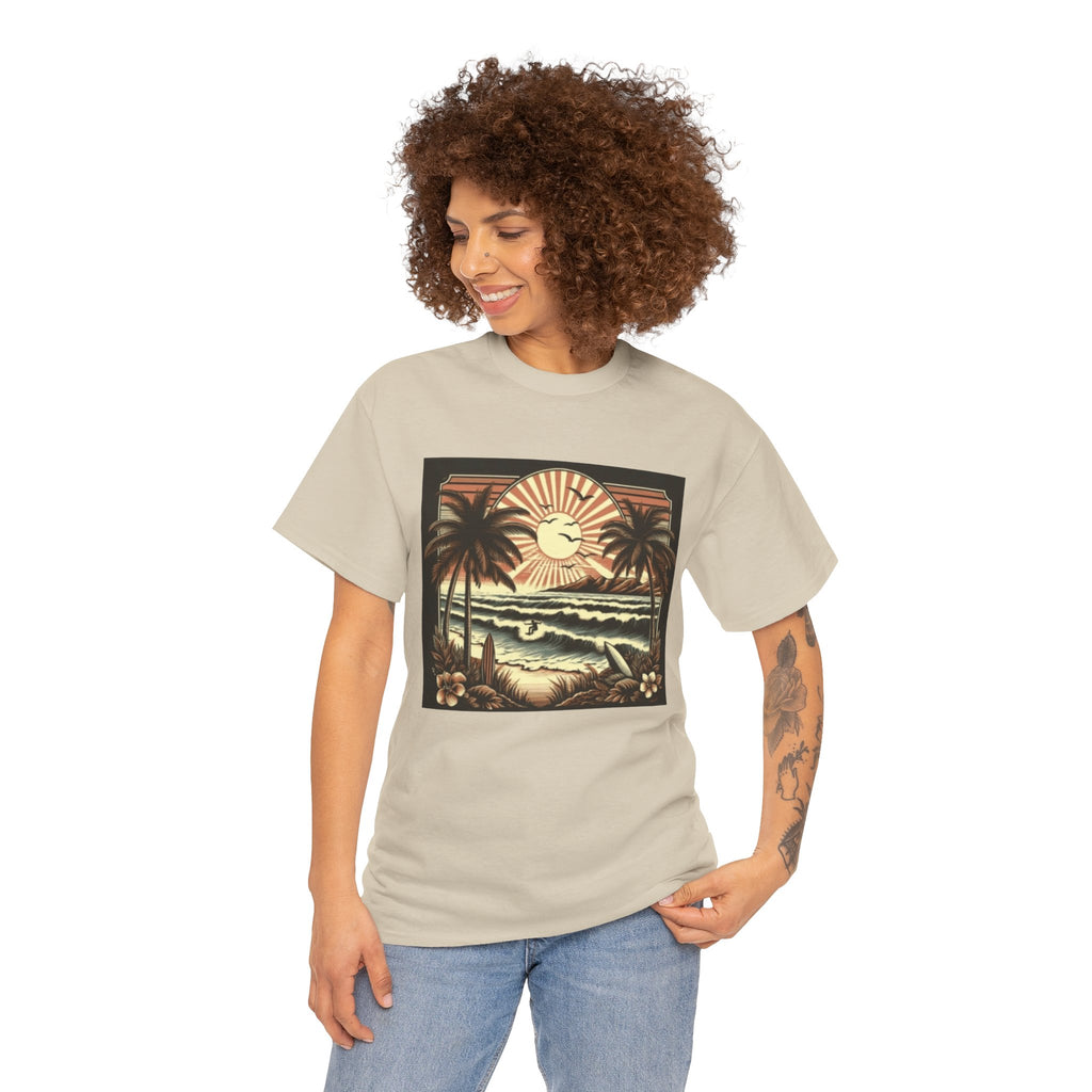 Retro Tropical Beach T-Shirt — Vintage Palm Sunset Graphic Tee