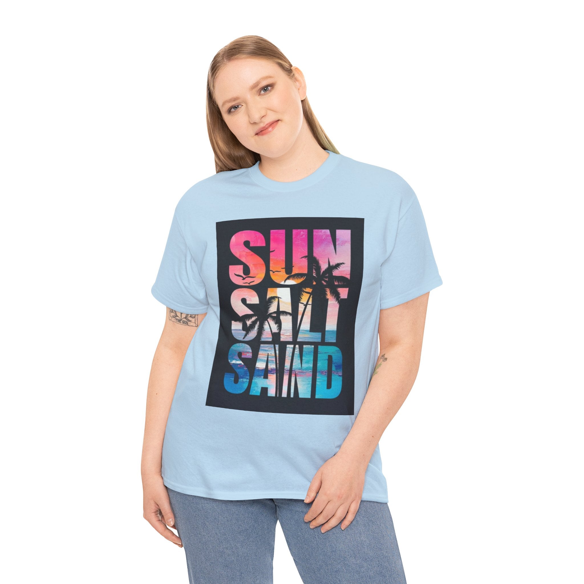 Sun Salt Sand Beach T-Shirt — Tropical Palm Sunset Graphic Tee