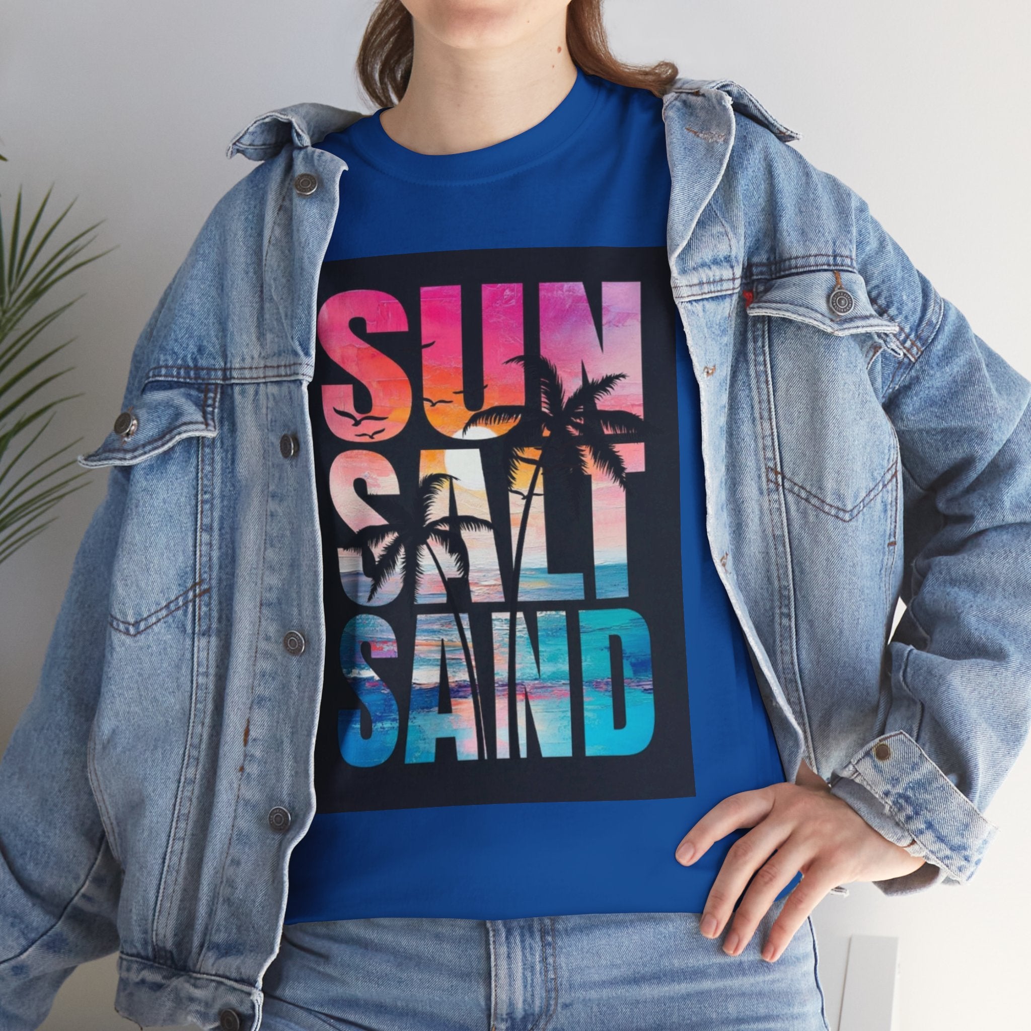 Sun Salt Sand Beach T-Shirt — Tropical Palm Sunset Graphic Tee