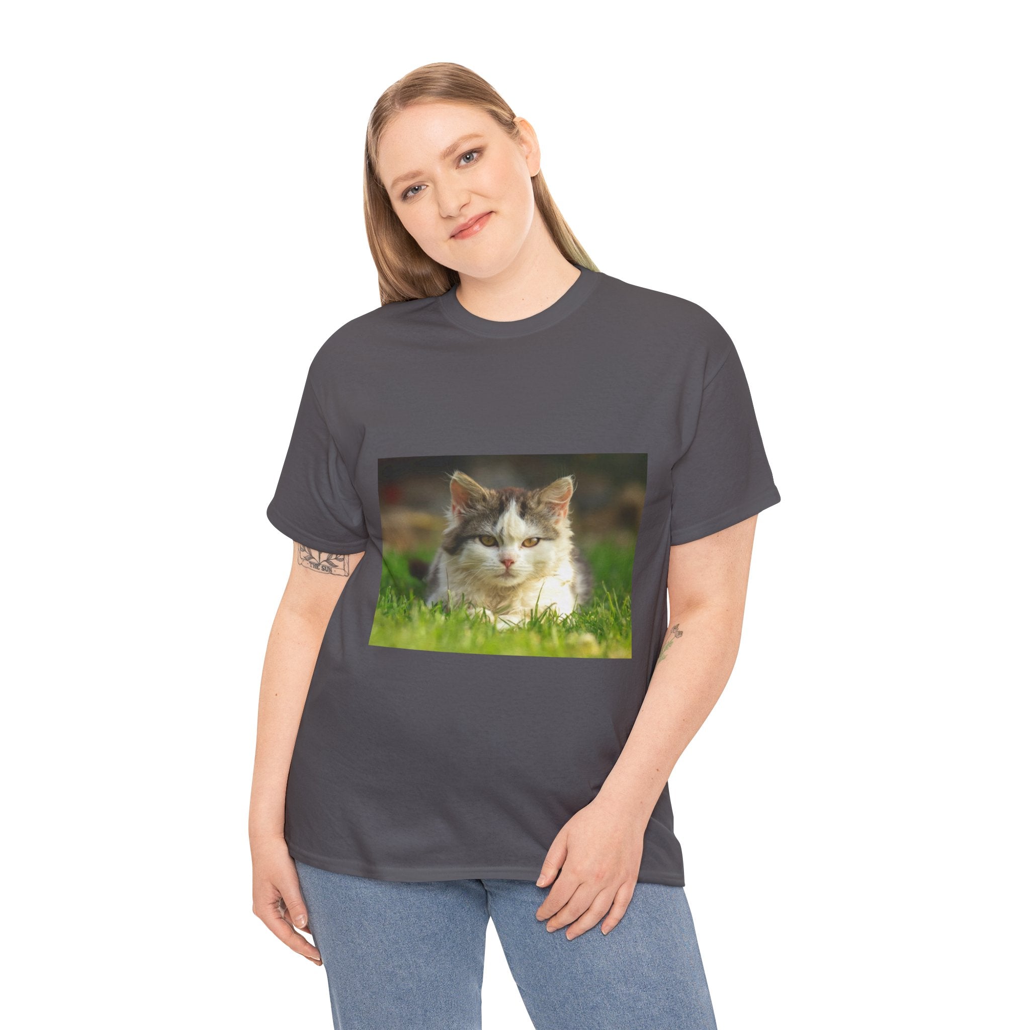 Cat Photo Tee — Relaxed Cat Lying in Grass T-Shirt