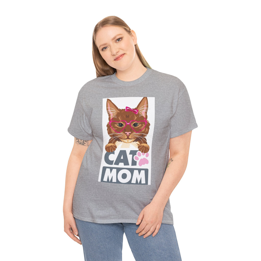 Cat Mom T-Shirt — Cute Cat Face Graphic Tee with "CAT MOM" Paw Print