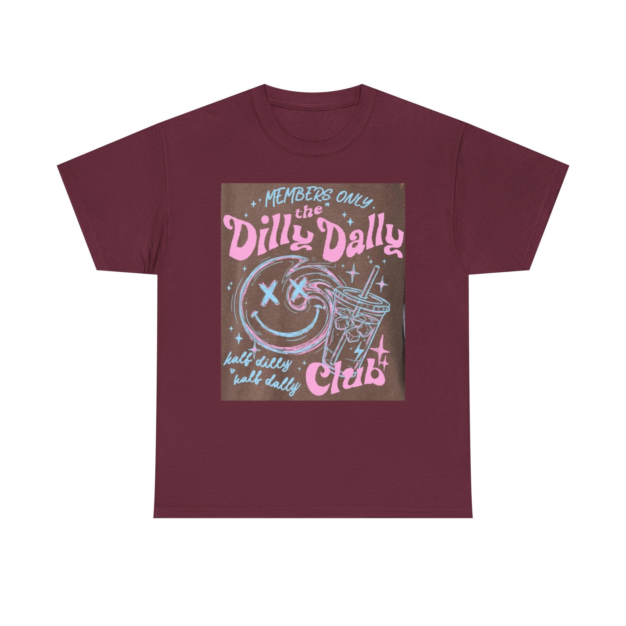 Dilly Dally Club Graphic Tee — Retro Pastel Drink & Moon Design