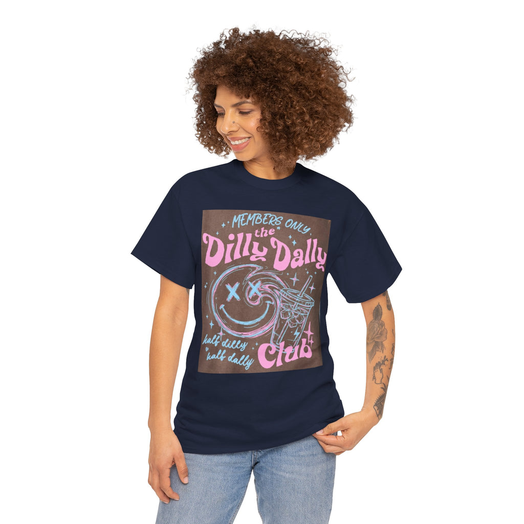 Dilly Dally Club Graphic Tee — Retro Pastel Drink & Moon Design