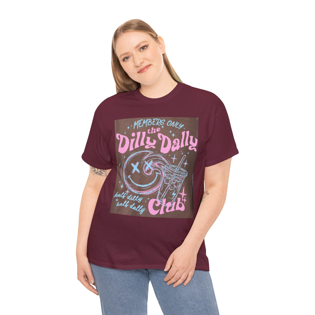 Dilly Dally Club Graphic Tee — Retro Pastel Drink & Moon Design