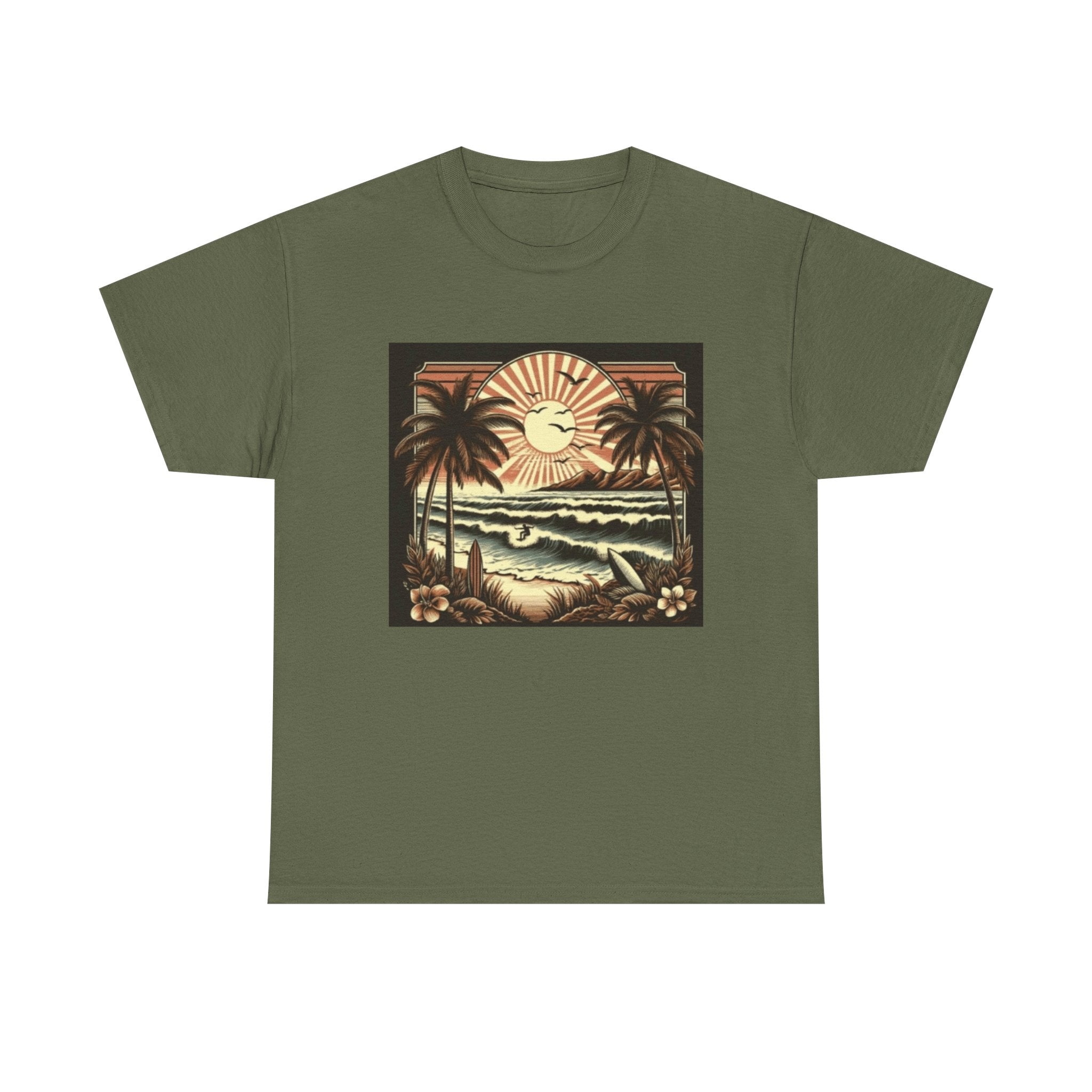 Retro Tropical Beach T-Shirt — Vintage Palm Sunset Graphic Tee