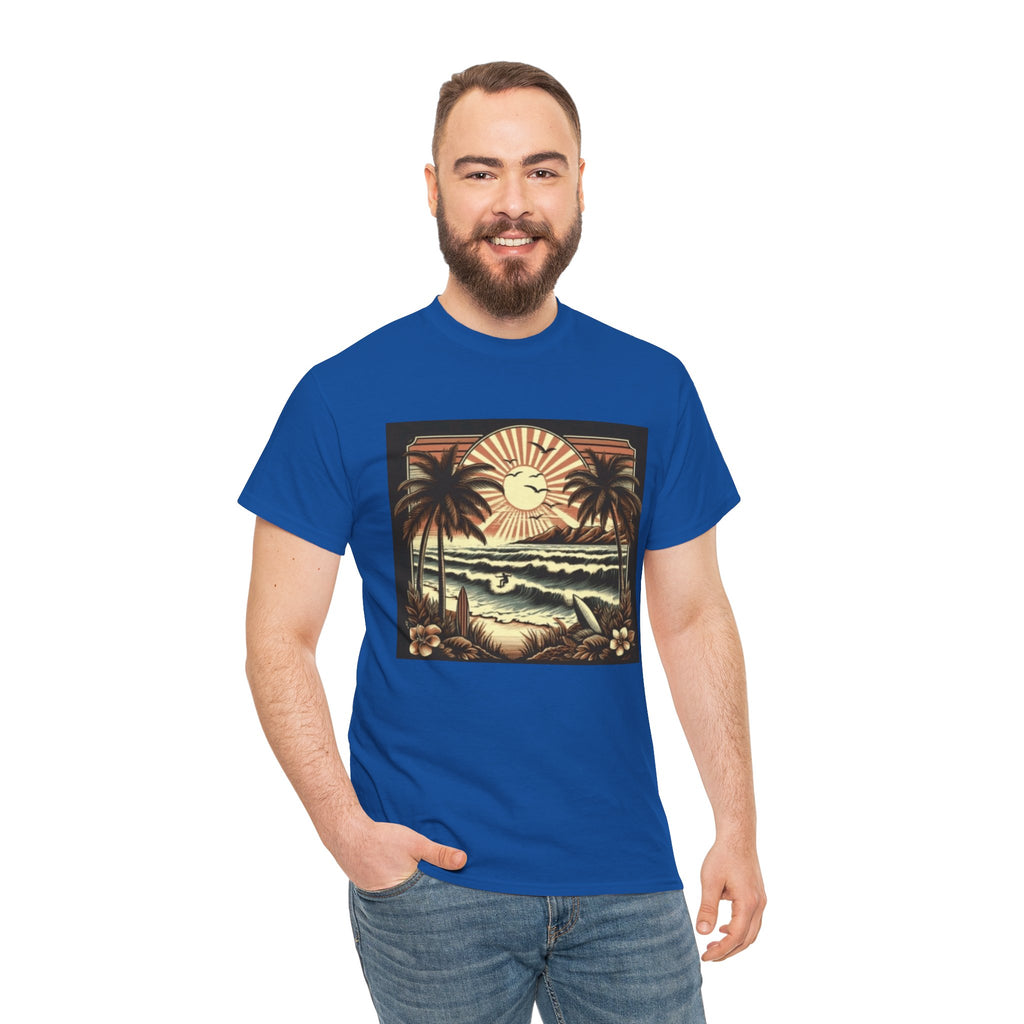 Retro Tropical Beach T-Shirt — Vintage Palm Sunset Graphic Tee