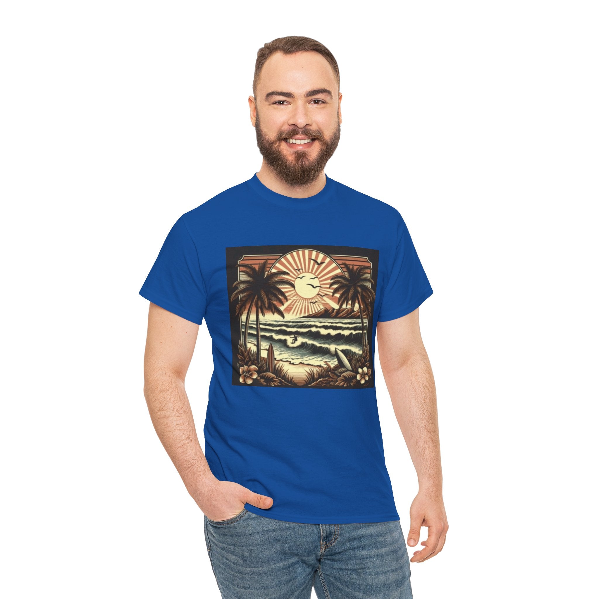 Retro Tropical Beach T-Shirt — Vintage Palm Sunset Graphic Tee