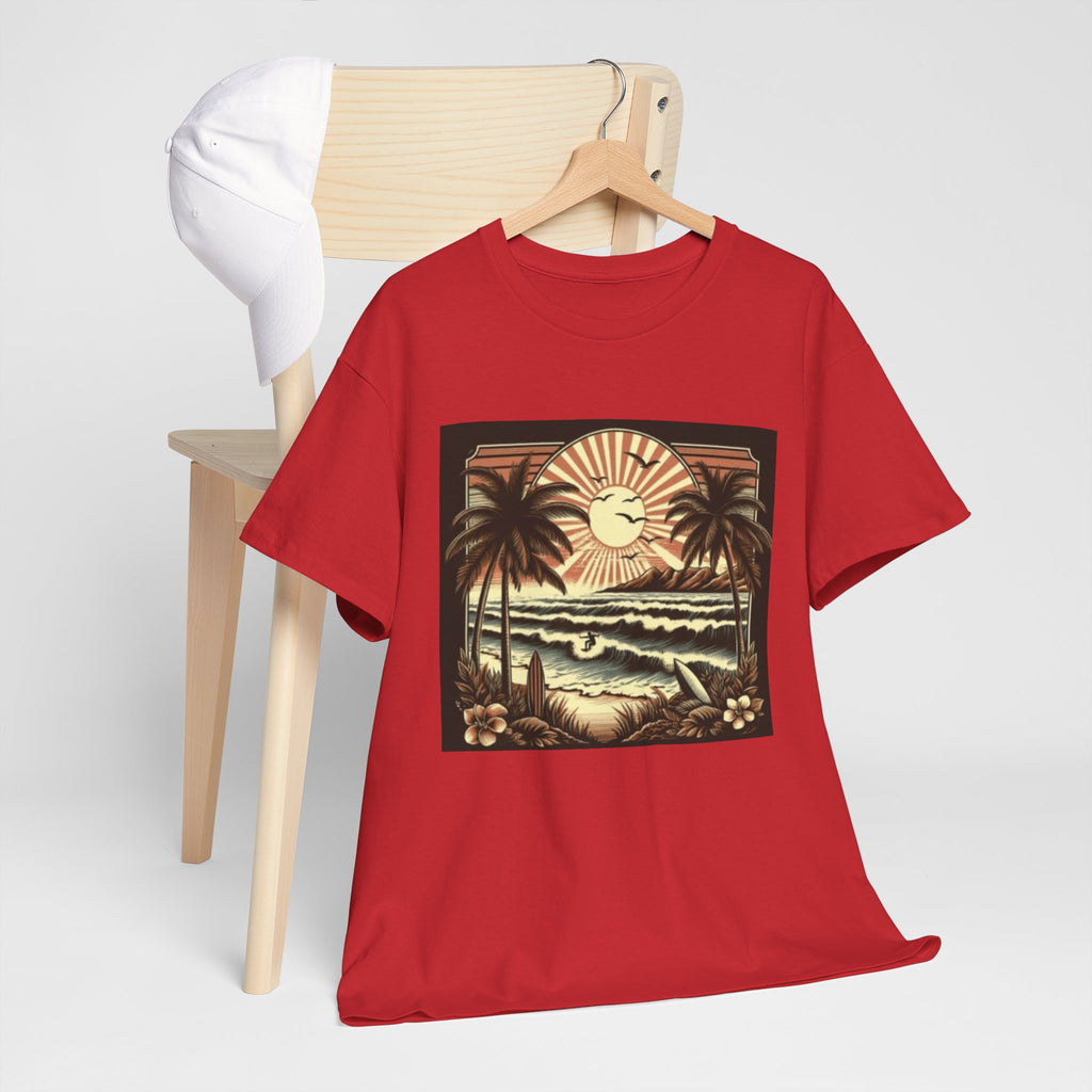 Retro Tropical Beach T-Shirt — Vintage Palm Sunset Graphic Tee