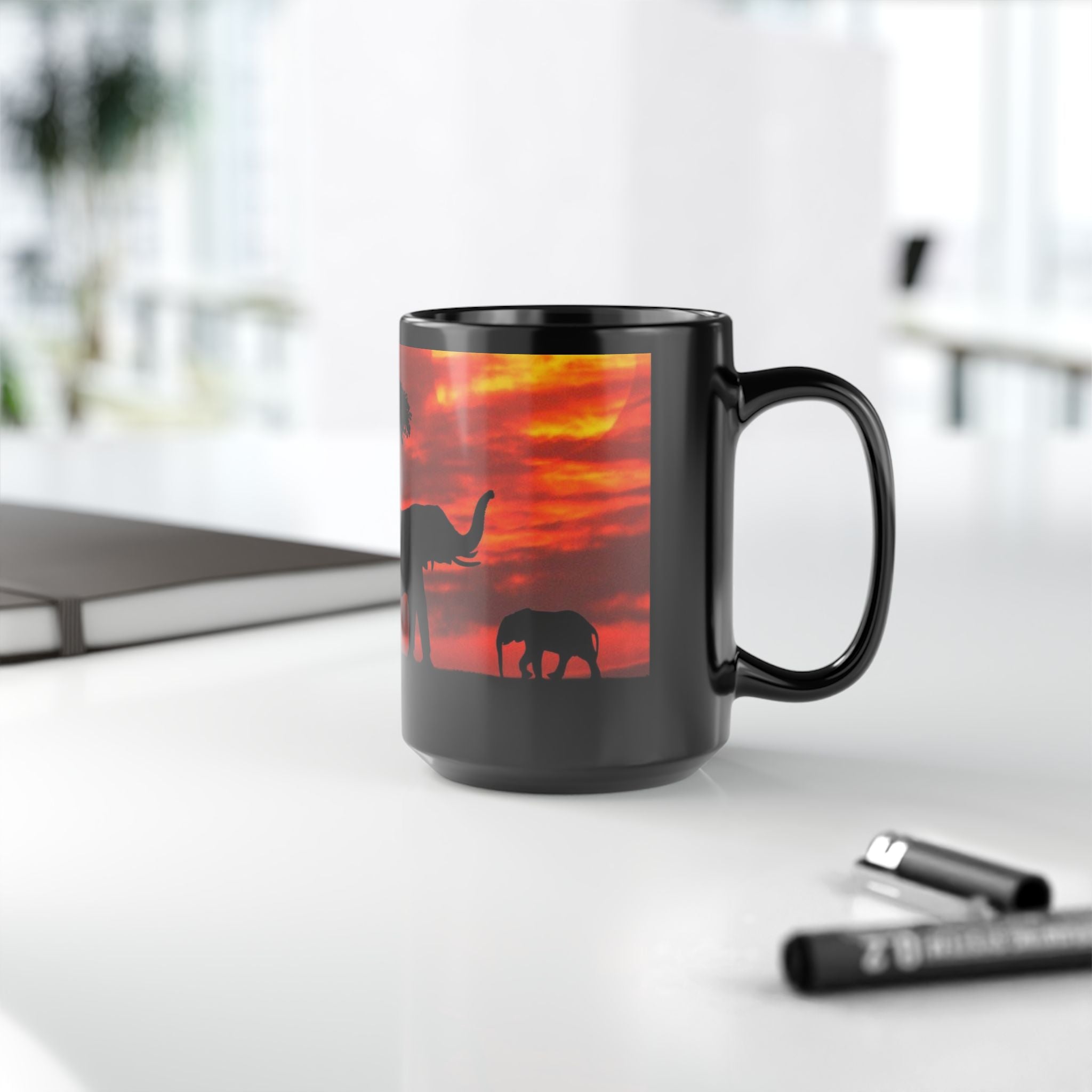 Elephant Sunset Mug — African Safari Silhouette Coffee Cup (11oz/15oz)