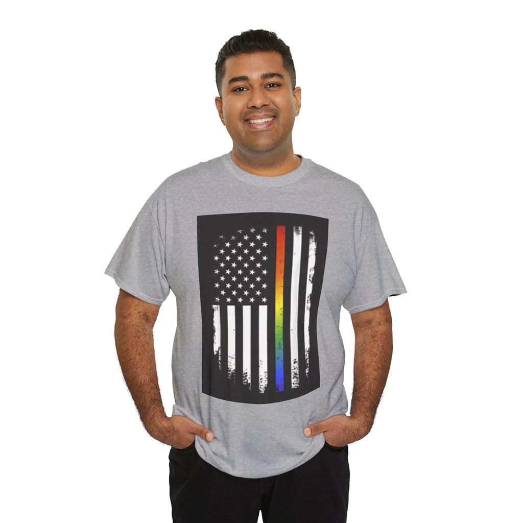 LGBTQ+ Pride Flag T‑Shirt — Distressed American Flag with Rainbow Stripe