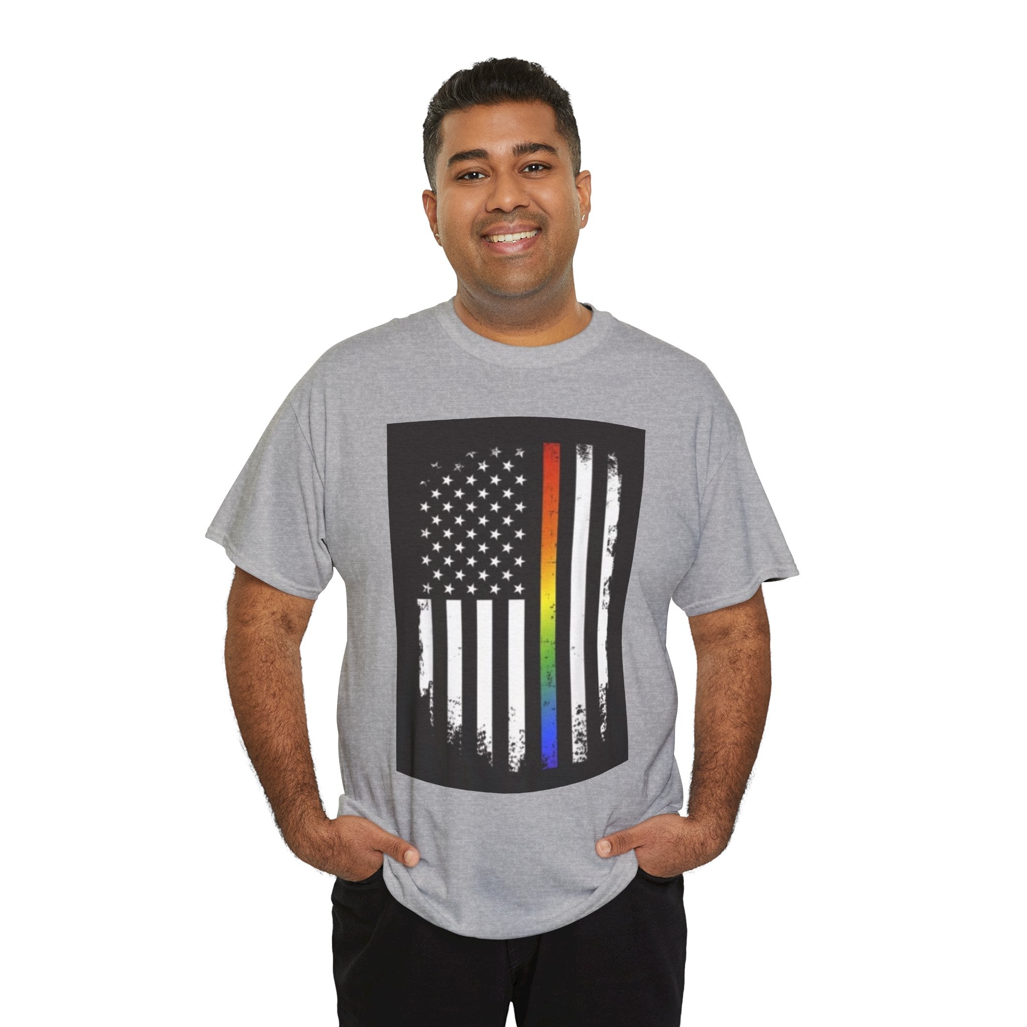 LGBTQ+ Pride Flag T‑Shirt — Distressed American Flag with Rainbow Stripe