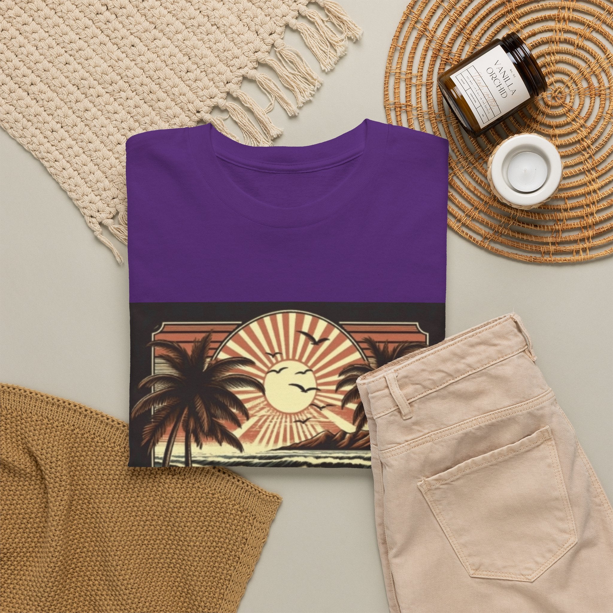 Retro Tropical Beach T-Shirt — Vintage Palm Sunset Graphic Tee