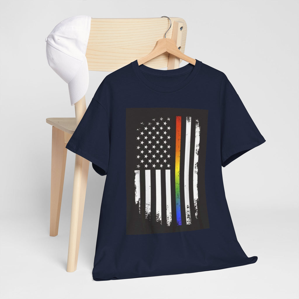 LGBTQ+ Pride Flag T‑Shirt — Distressed American Flag with Rainbow Stripe
