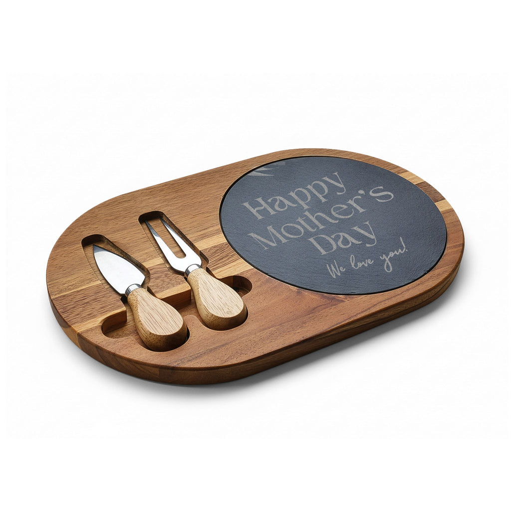 Engraved Mother's Day Charcuterie Board Set — Bamboo Cheese Board with Slate Inlay & Cheese Knives