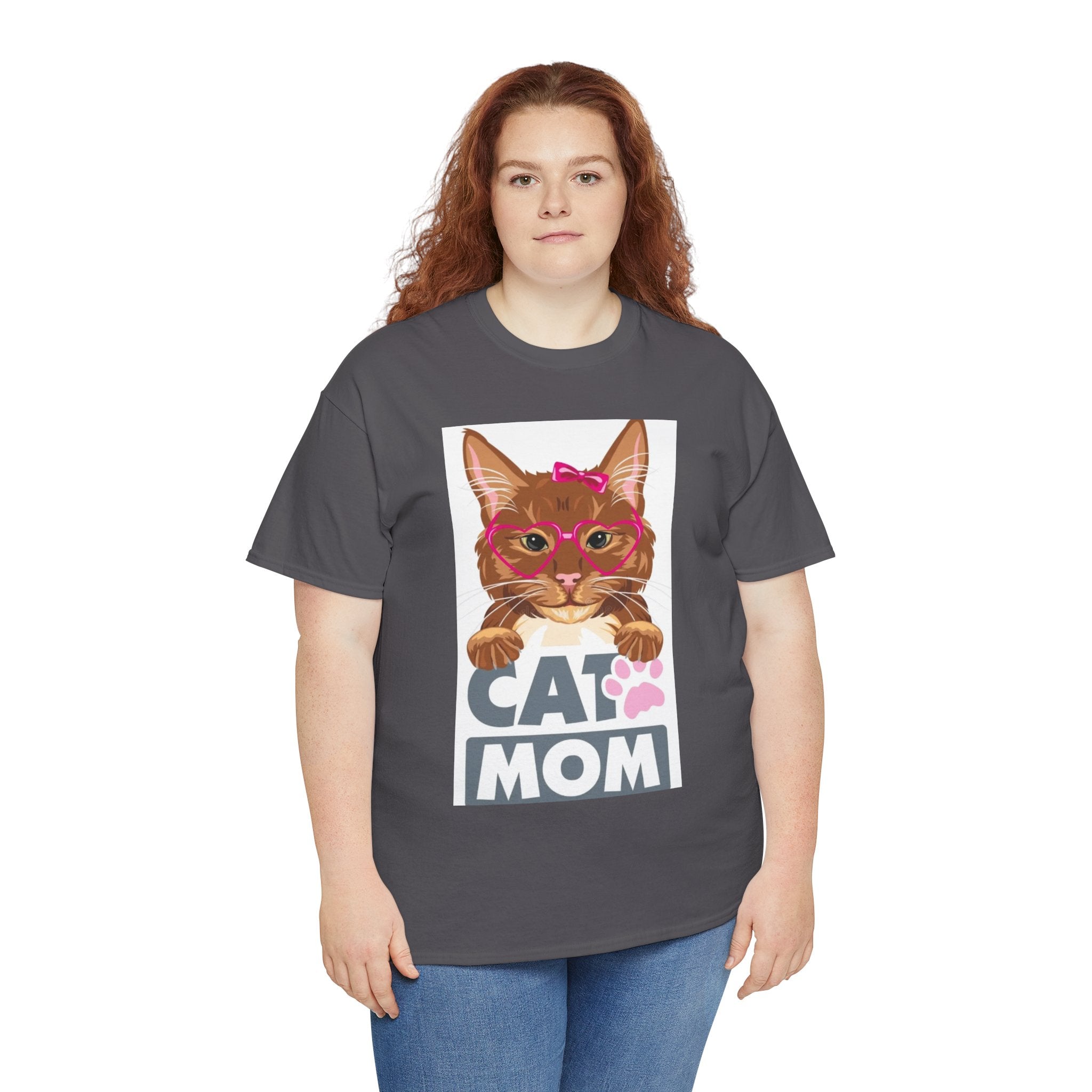Cat Mom T-Shirt — Cute Cat Face Graphic Tee with "CAT MOM" Paw Print