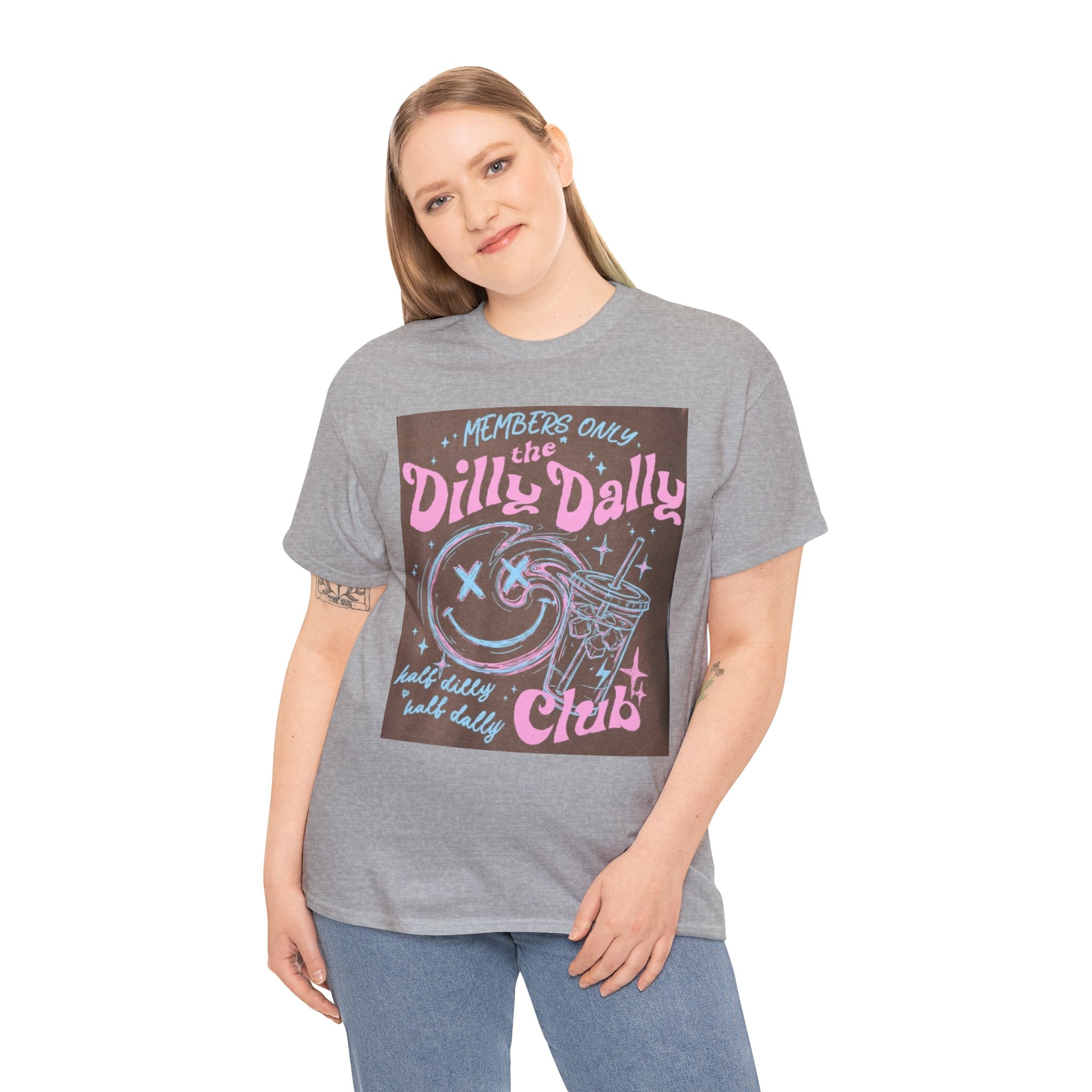 Dilly Dally Club Graphic Tee — Retro Pastel Drink & Moon Design