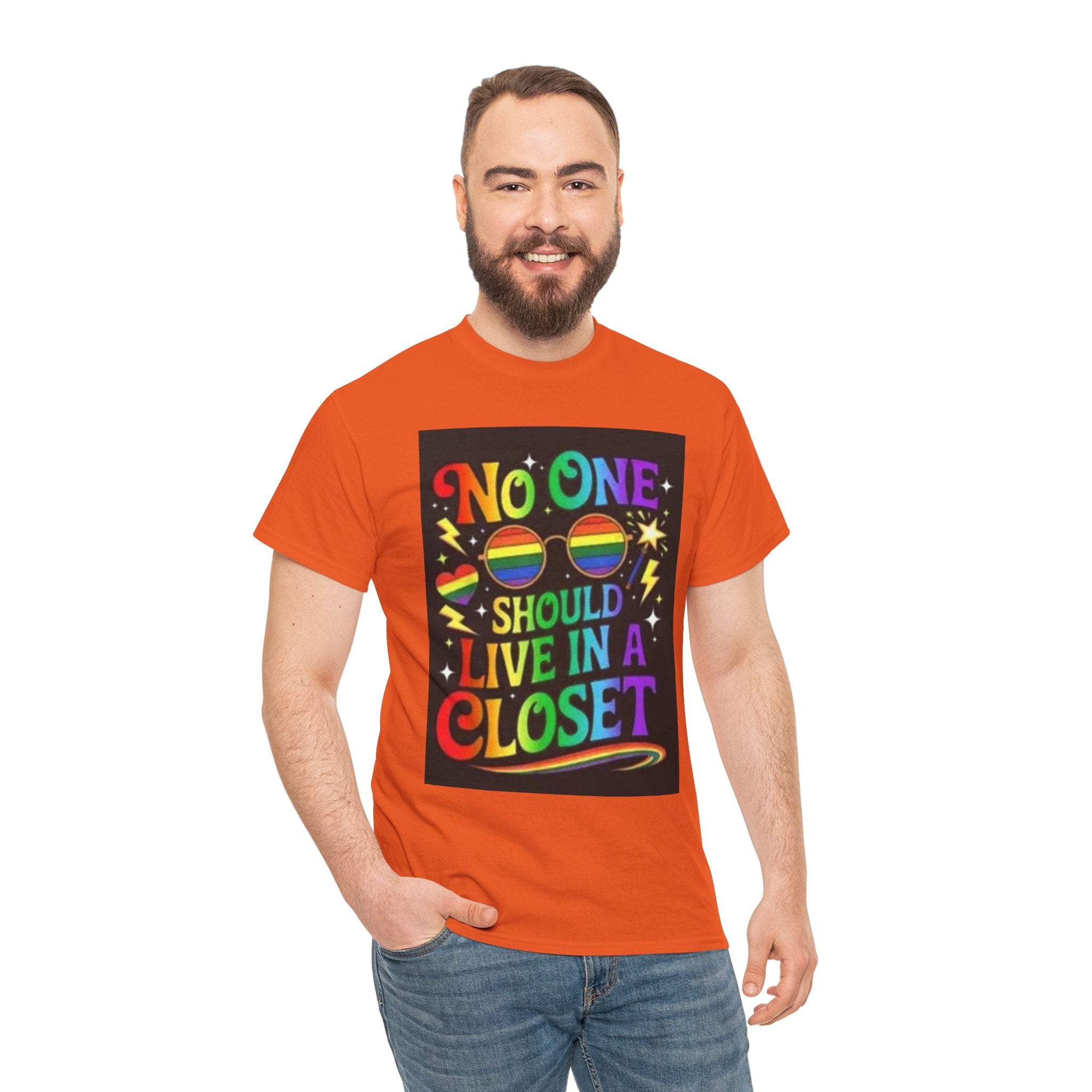 T‑Shirt — "No One Should Live in a Closet" Rainbow Pride Tee