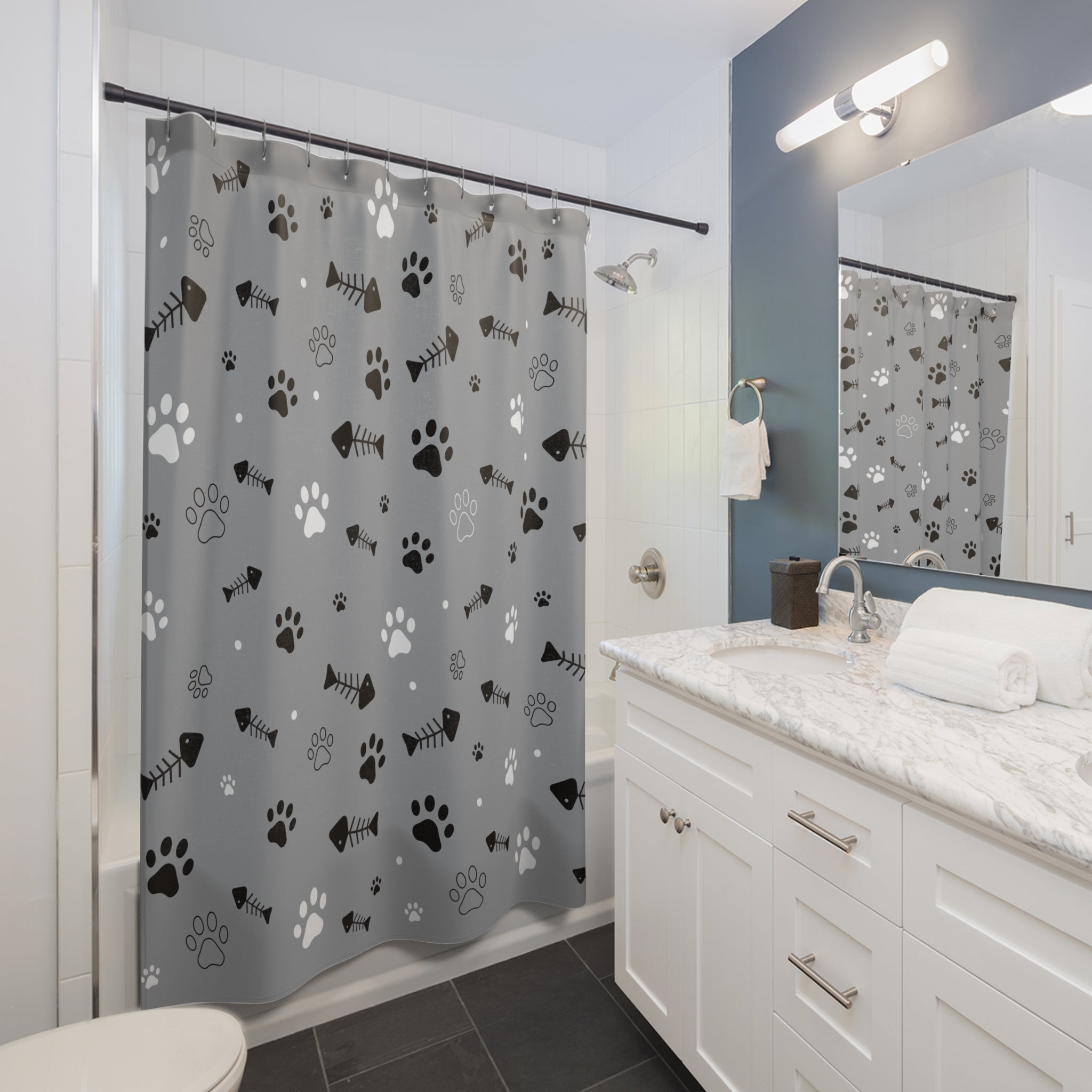 Paw Print & Fishbone Shower Curtain – Gray Cat & Dog