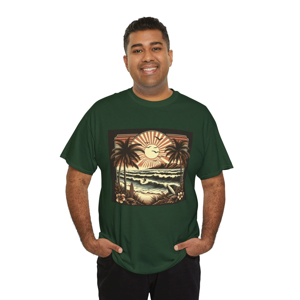 Retro Tropical Beach T-Shirt — Vintage Palm Sunset Graphic Tee