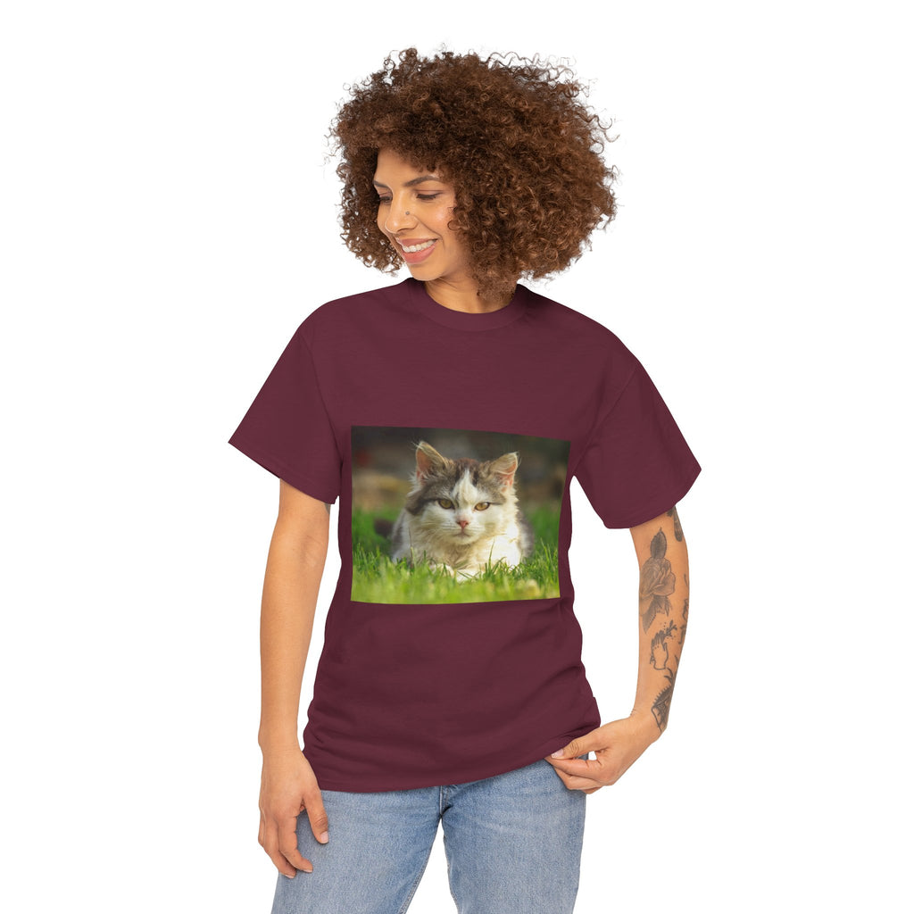 Cat Photo Tee — Relaxed Cat Lying in Grass T-Shirt