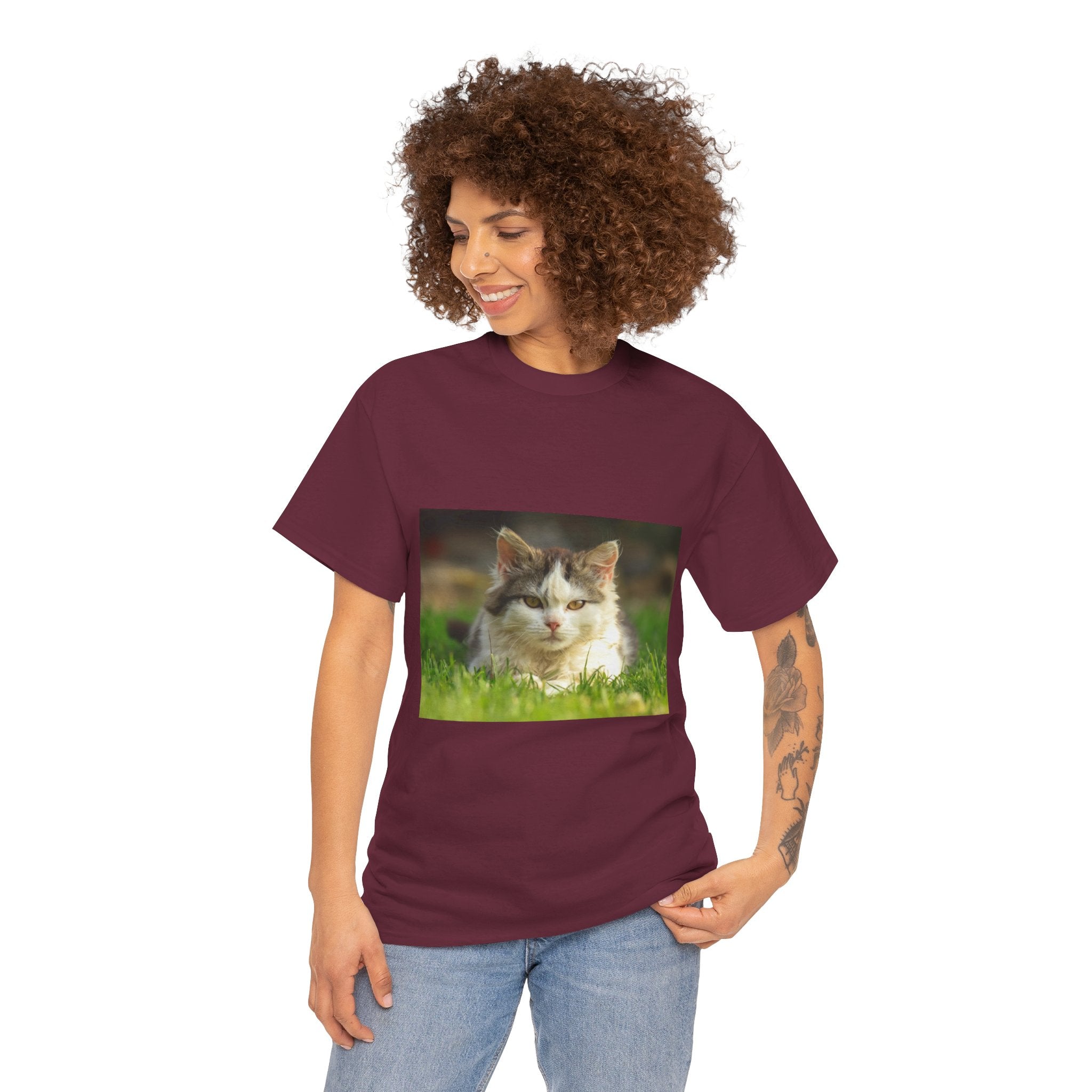 Cat Photo Tee — Relaxed Cat Lying in Grass T-Shirt