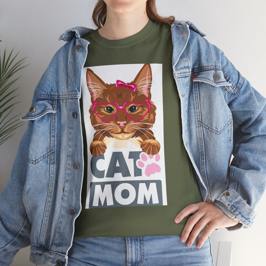 Cat Mom T-Shirt — Cute Cat Face Graphic Tee with "CAT MOM" Paw Print