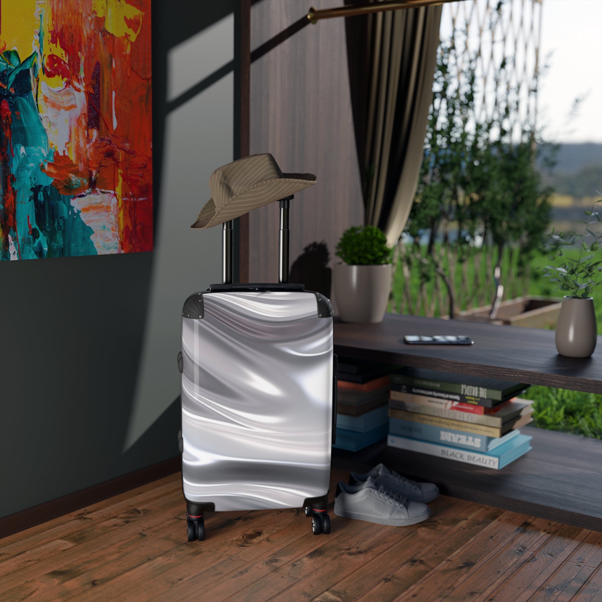 Silver Satin Travel Suitcase – Metallic Marble Carry-On Luggage