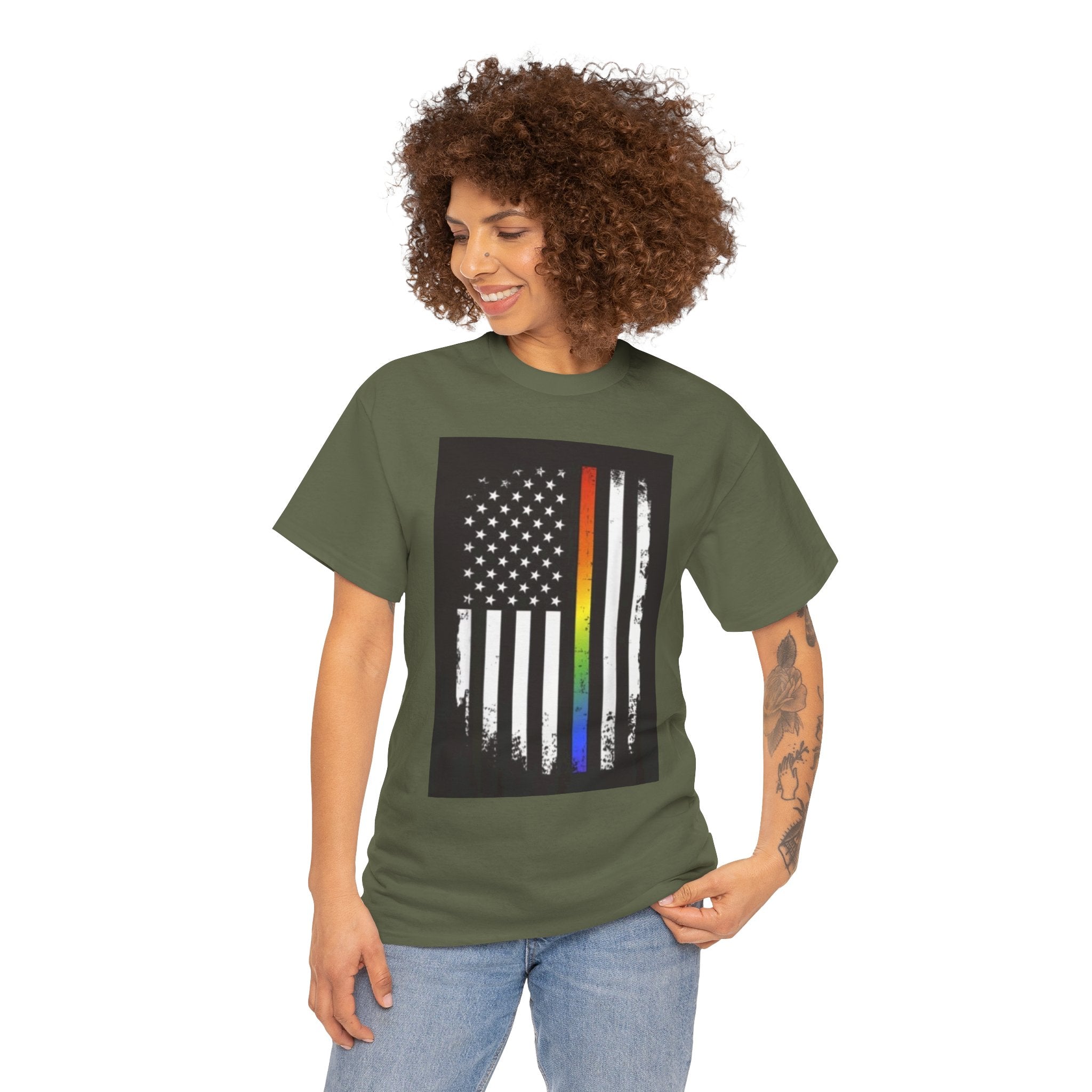 LGBTQ+ Pride Flag T‑Shirt — Distressed American Flag with Rainbow Stripe