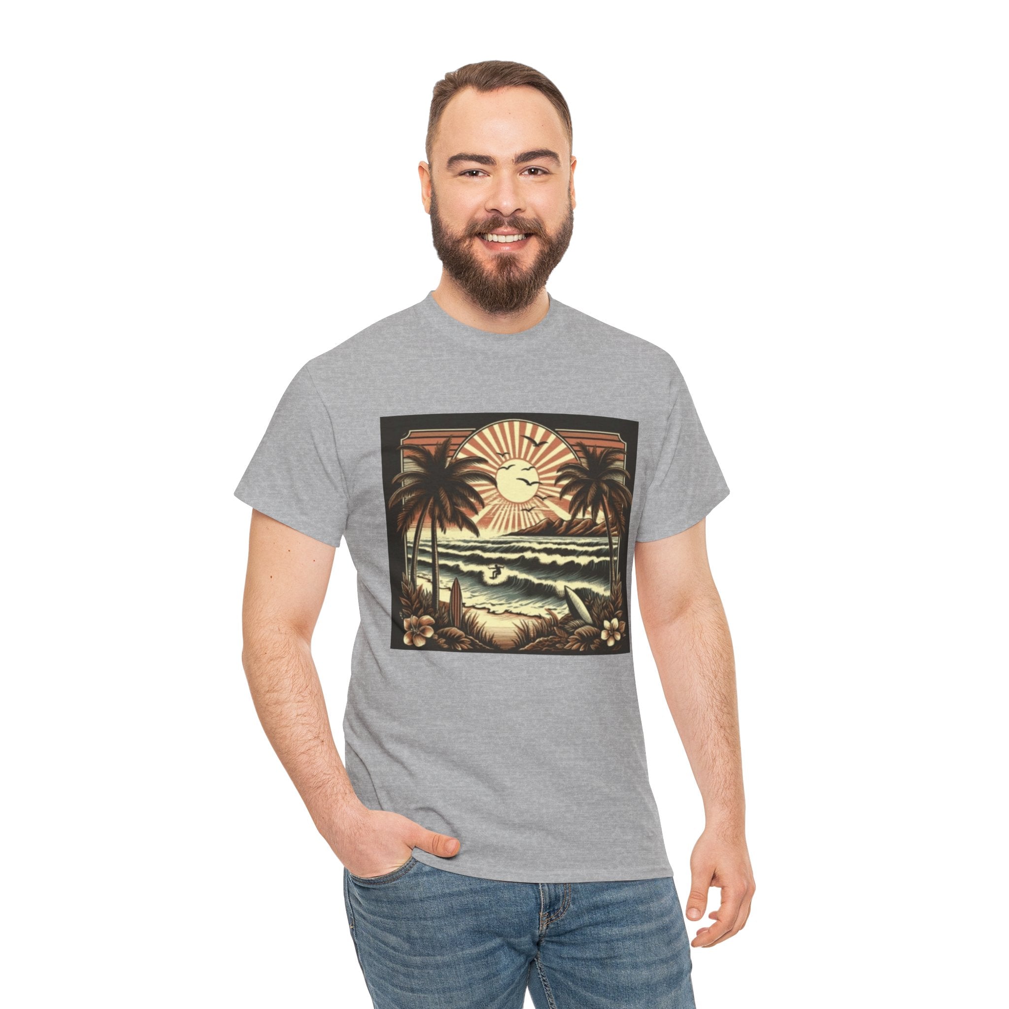 Retro Tropical Beach T-Shirt — Vintage Palm Sunset Graphic Tee