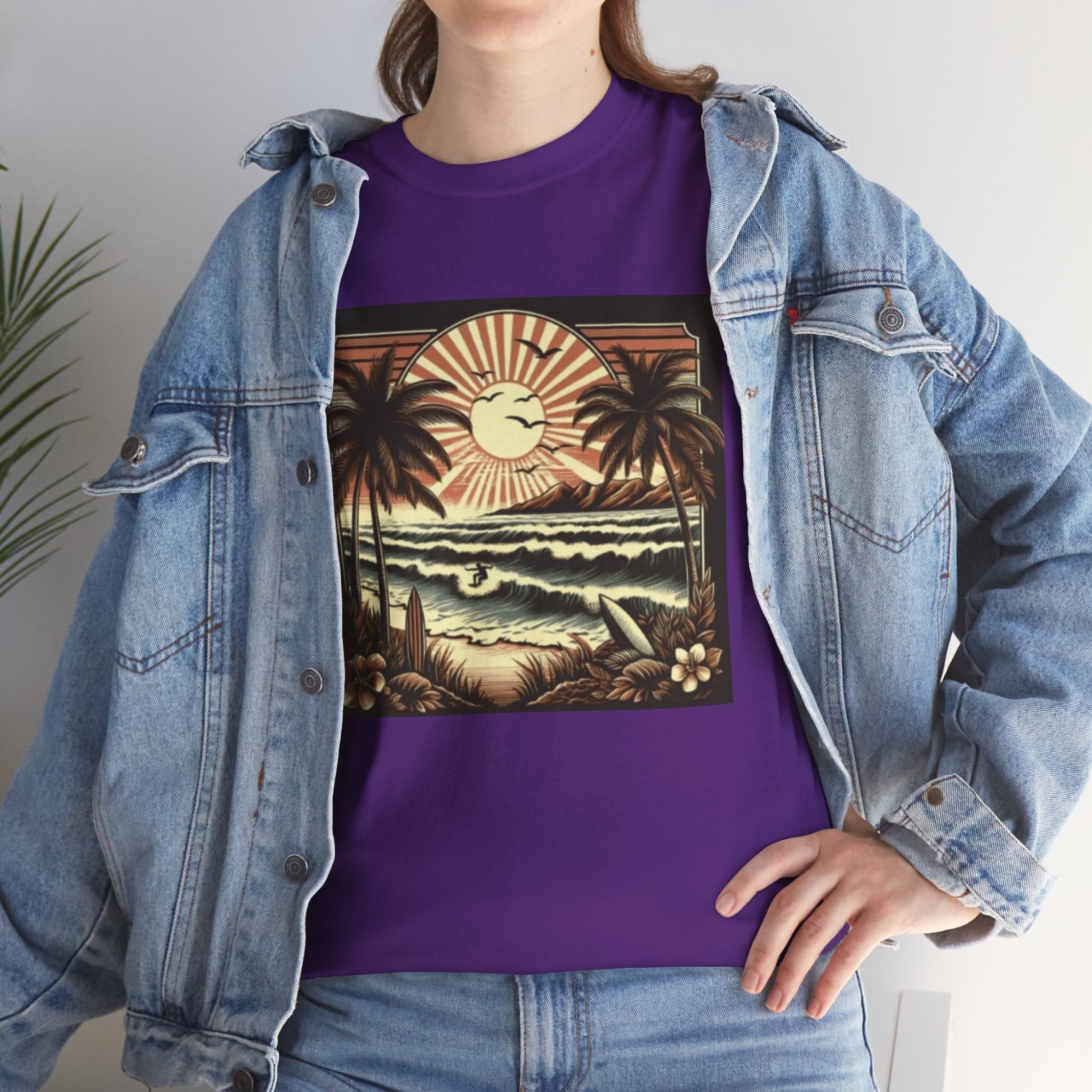 Retro Tropical Beach T-Shirt — Vintage Palm Sunset Graphic Tee