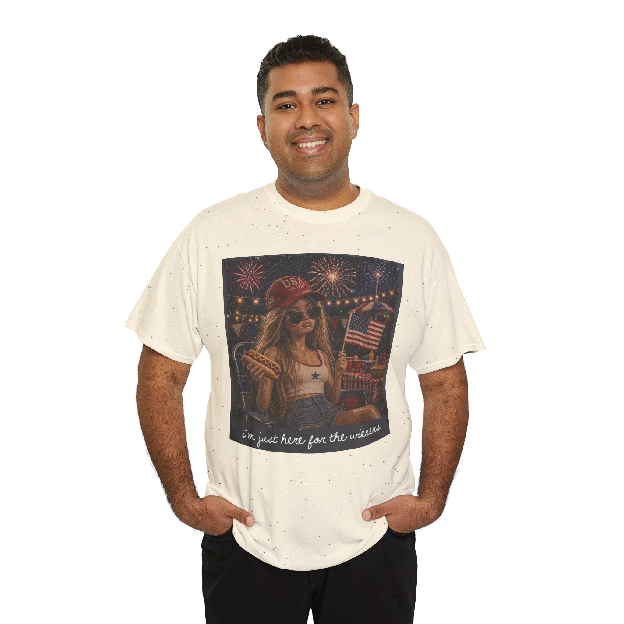 Patriotic Girl Graphic Tee — "I'm Just Here for the Fireworks" 4th of July Shirt