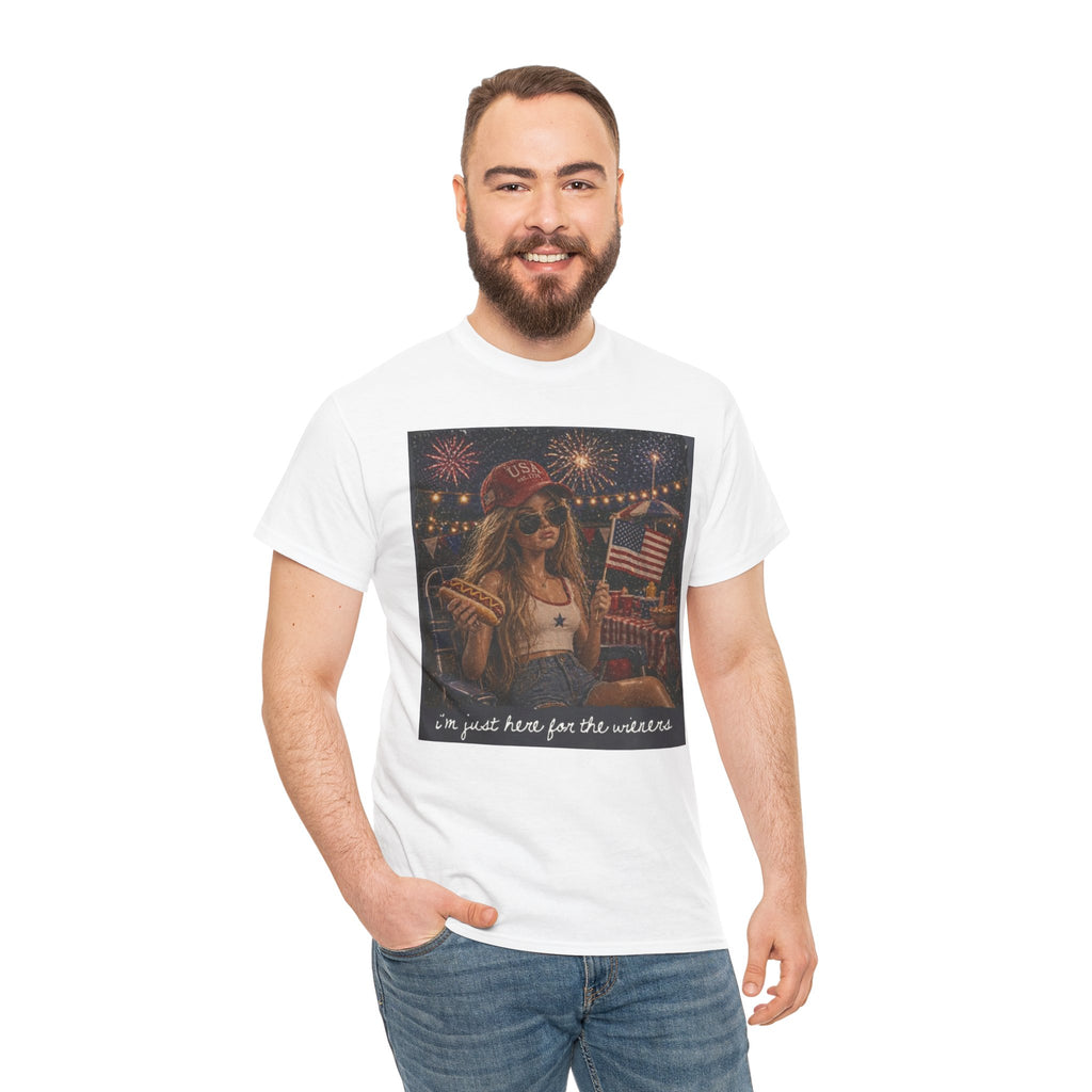 Patriotic Girl Graphic Tee — "I'm Just Here for the Fireworks" 4th of July Shirt