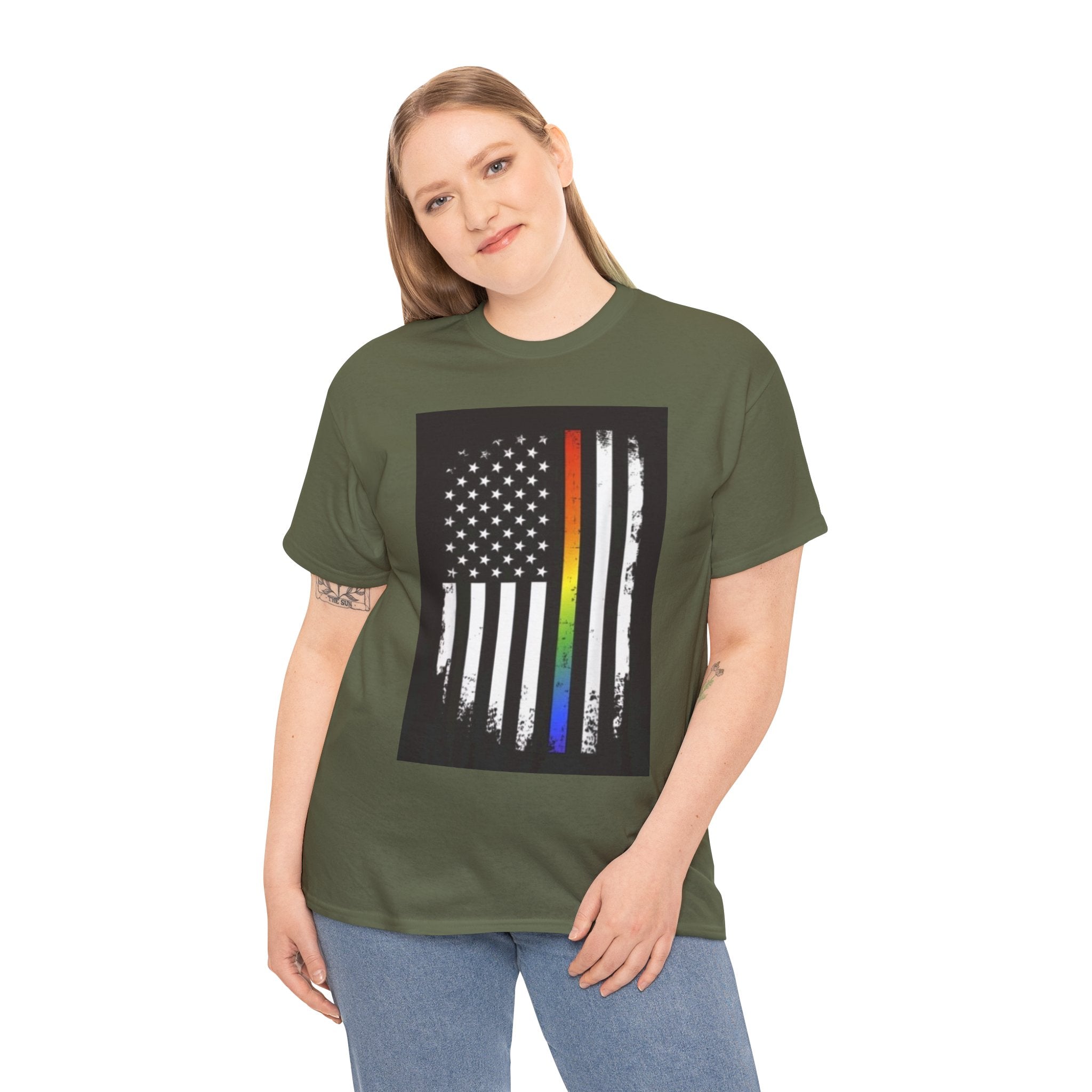 LGBTQ+ Pride Flag T‑Shirt — Distressed American Flag with Rainbow Stripe